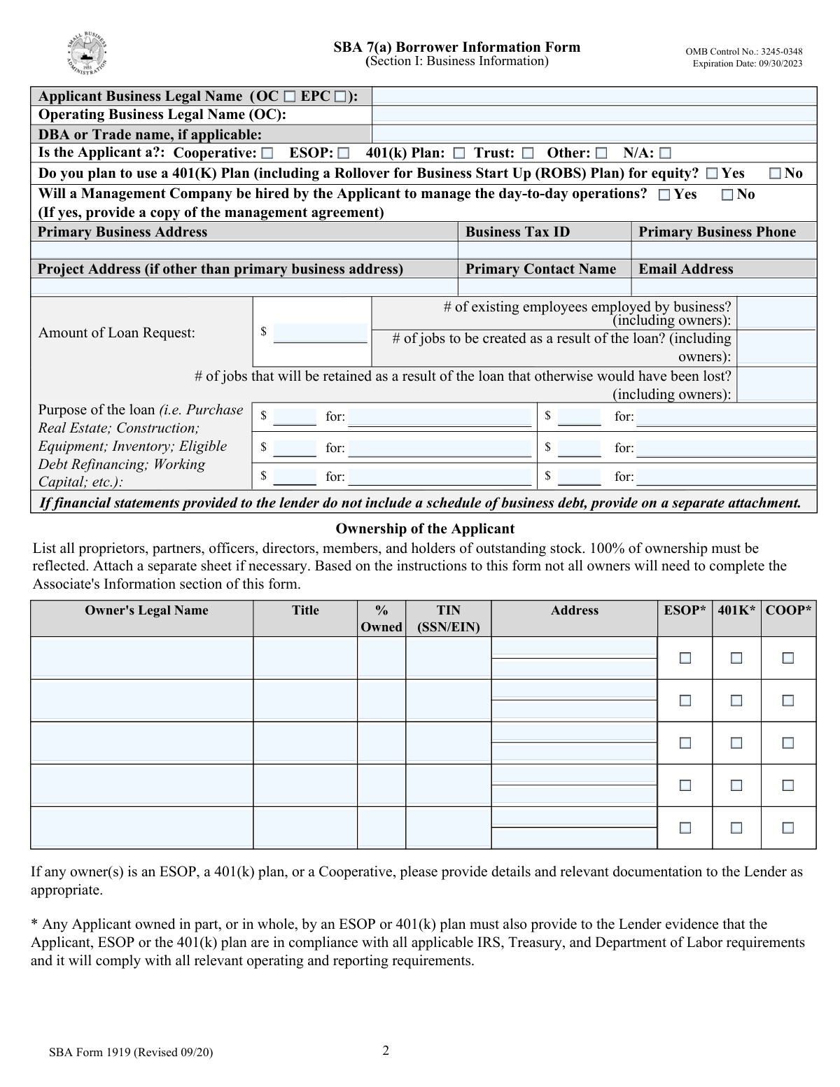 SBA Form 1919, page 1
