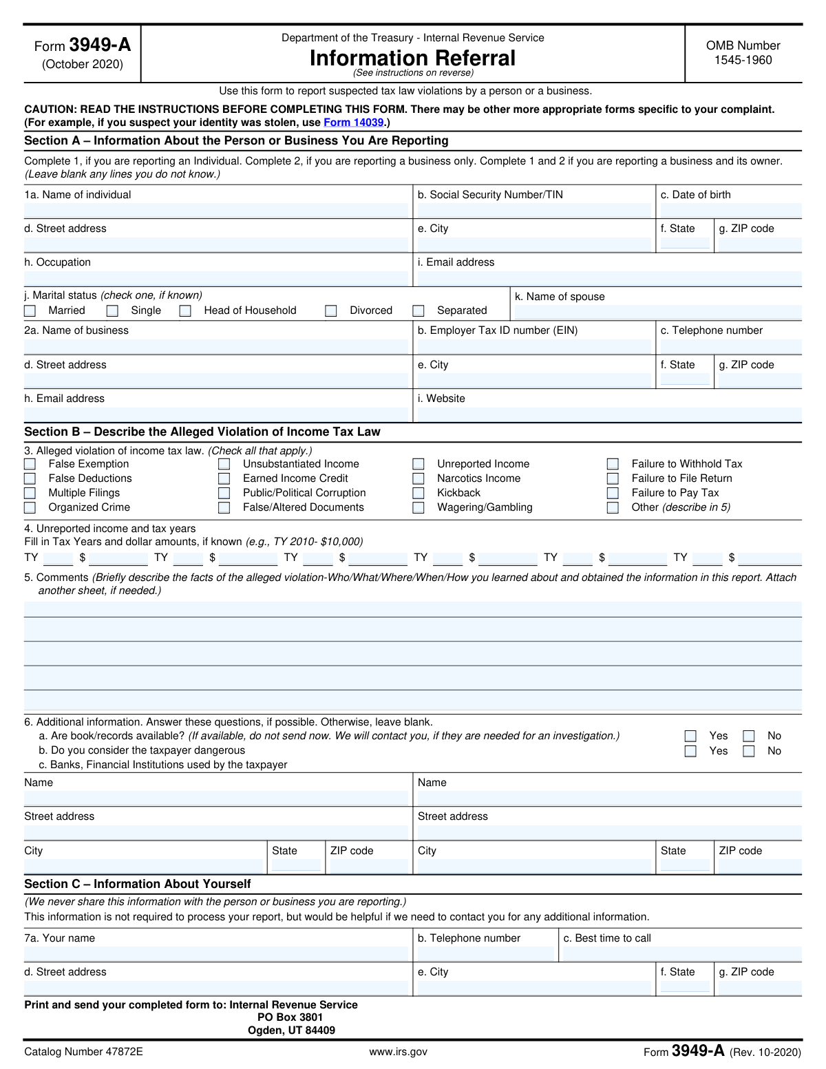 Form 3949-A, page 1