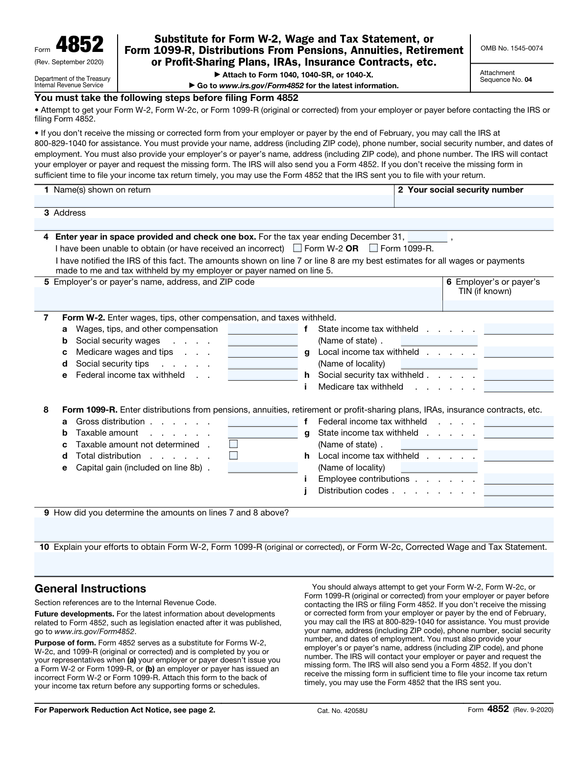 Form 4852, page 1