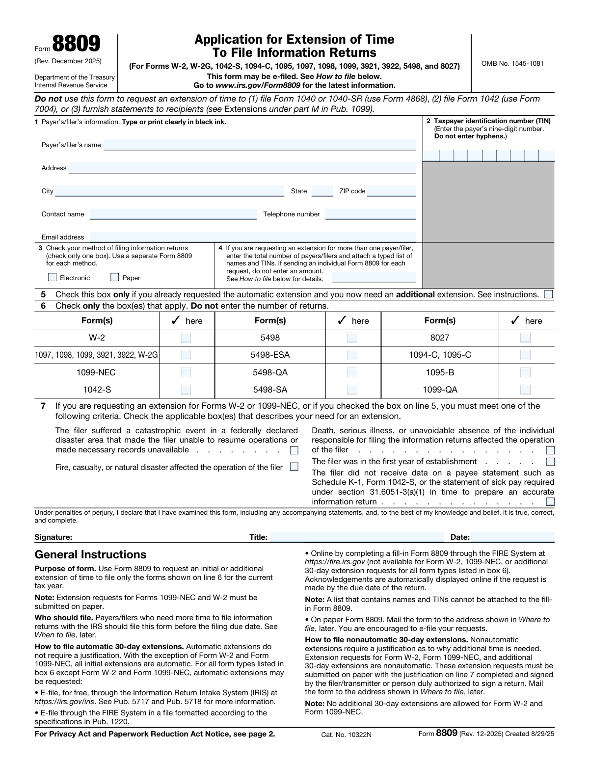 Form 8809, page 1