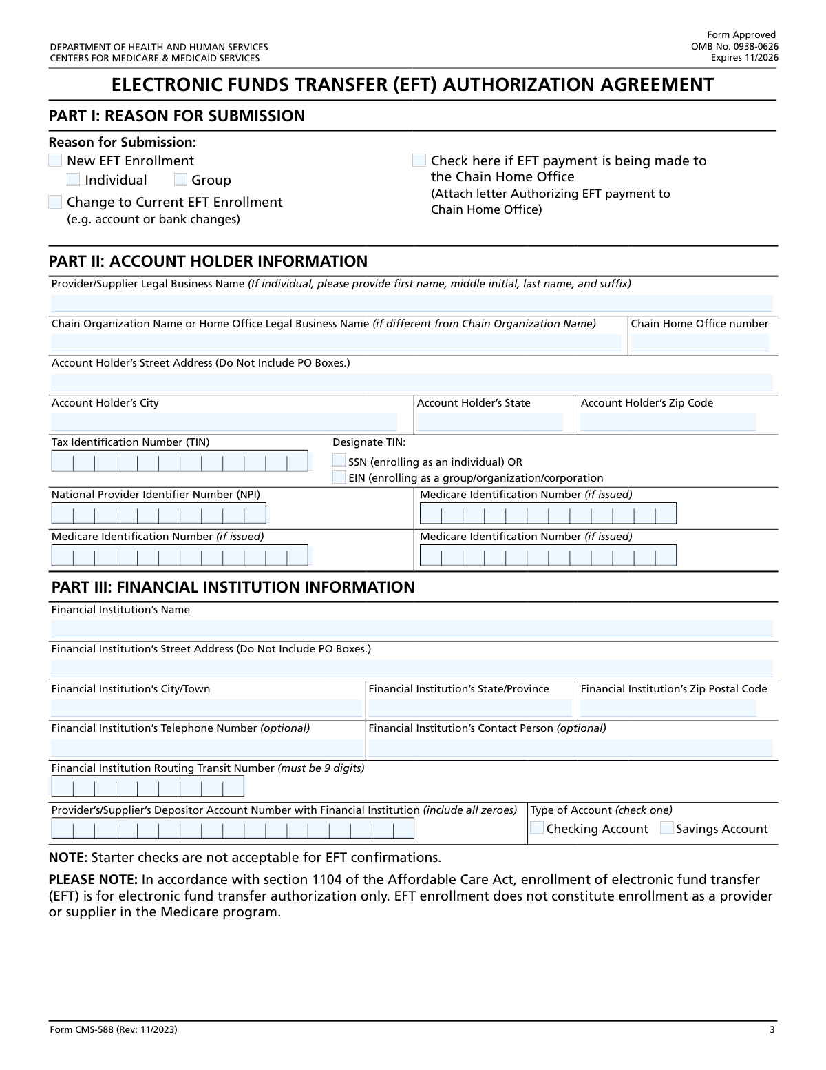 Form CMS-588, EFT Authorization Agreement | Instafill PDF Filler
