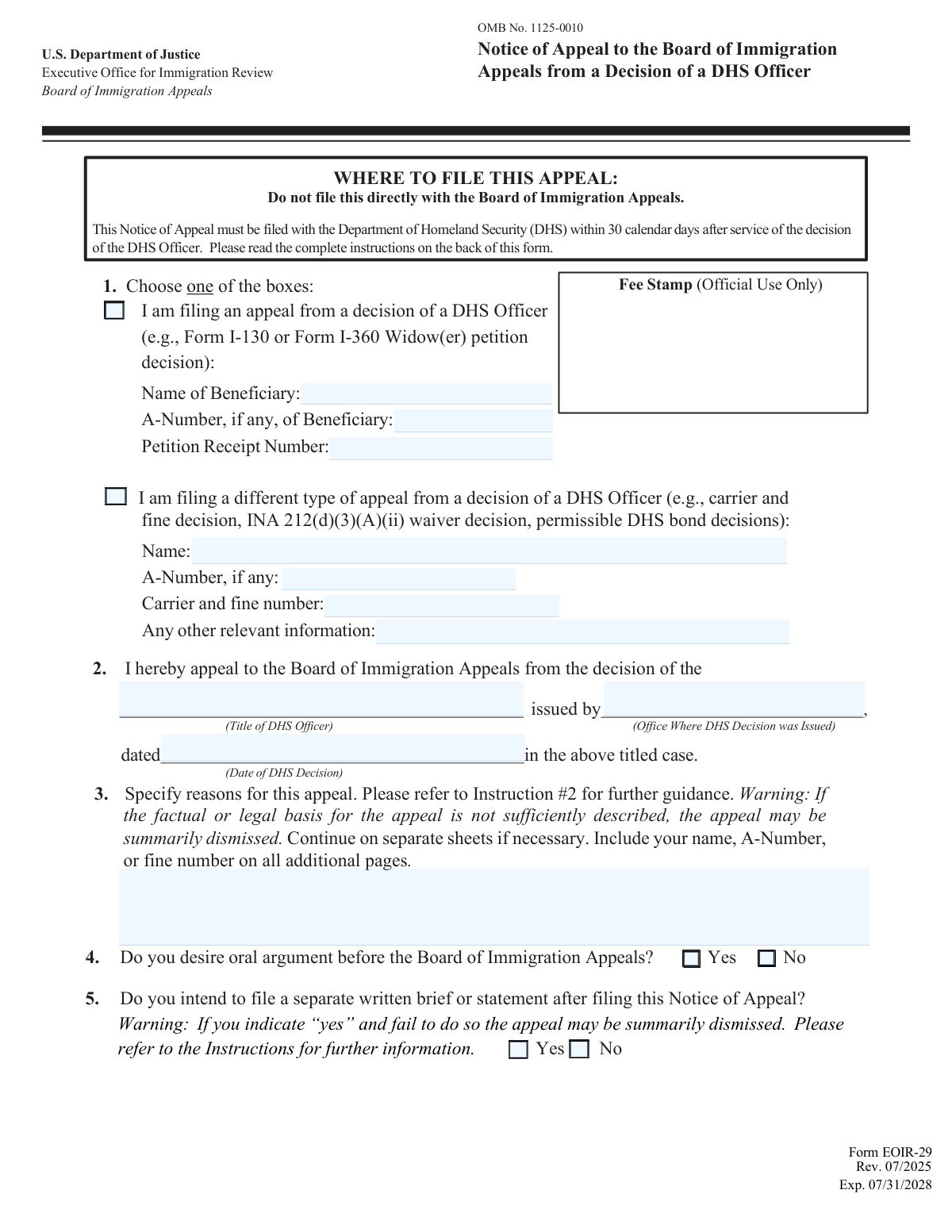 Form EOIR-29, page 1