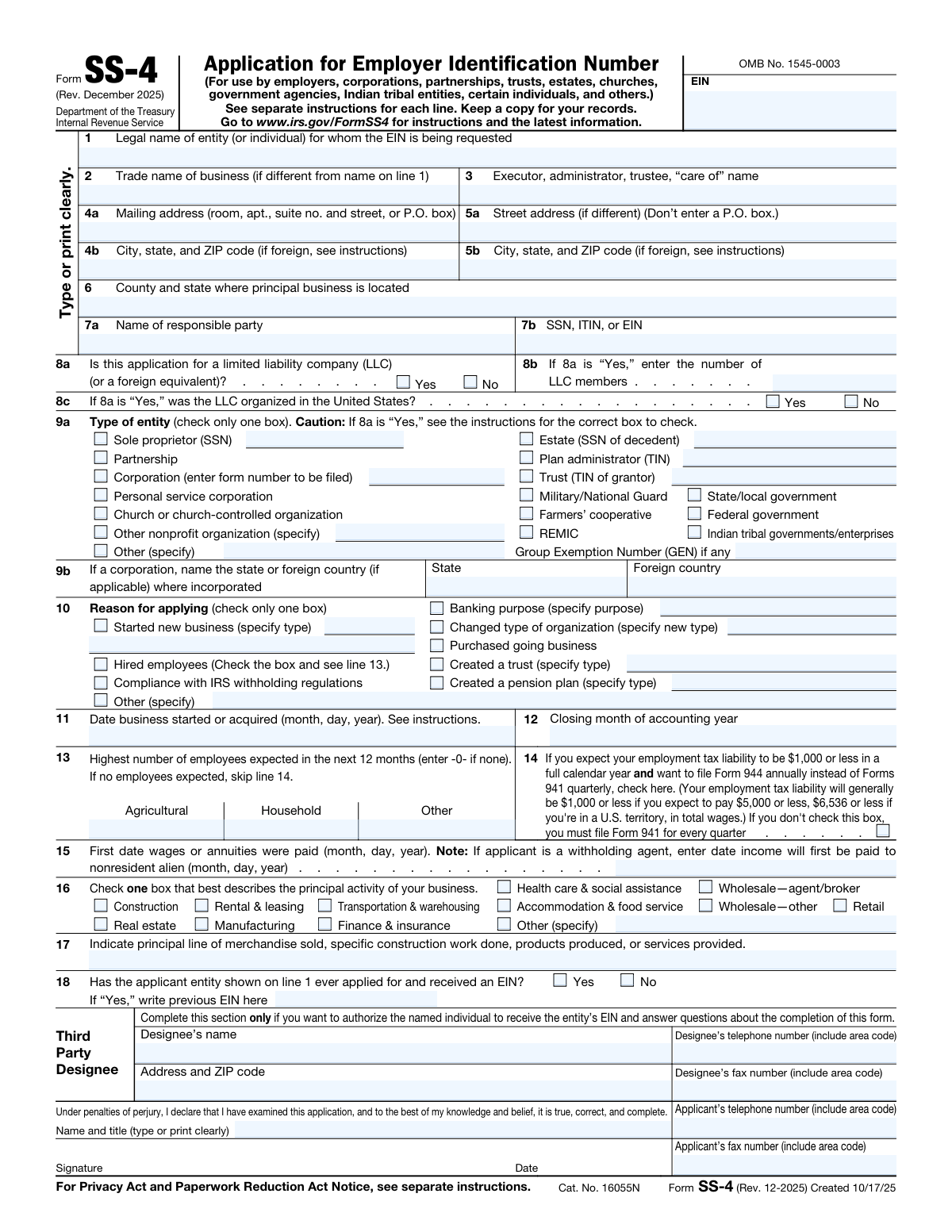 Form SS-4, page 1