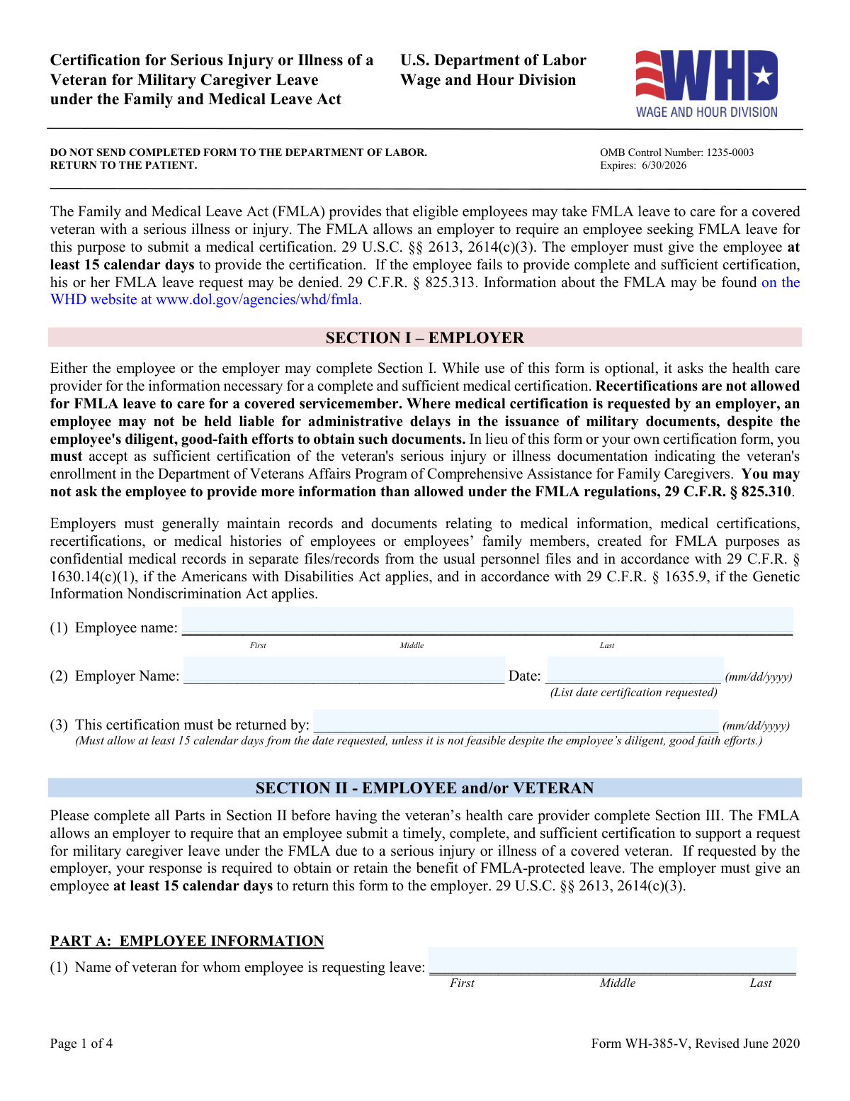 Form WH-385-V, page 1