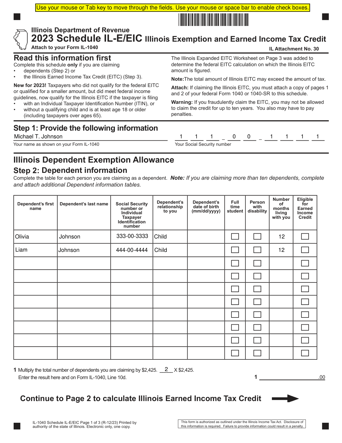 Completed 2023 Schedule IL-E/EIC for a married couple with two qualifying children claiming exemptions and the Illinois Earned Income Credit.