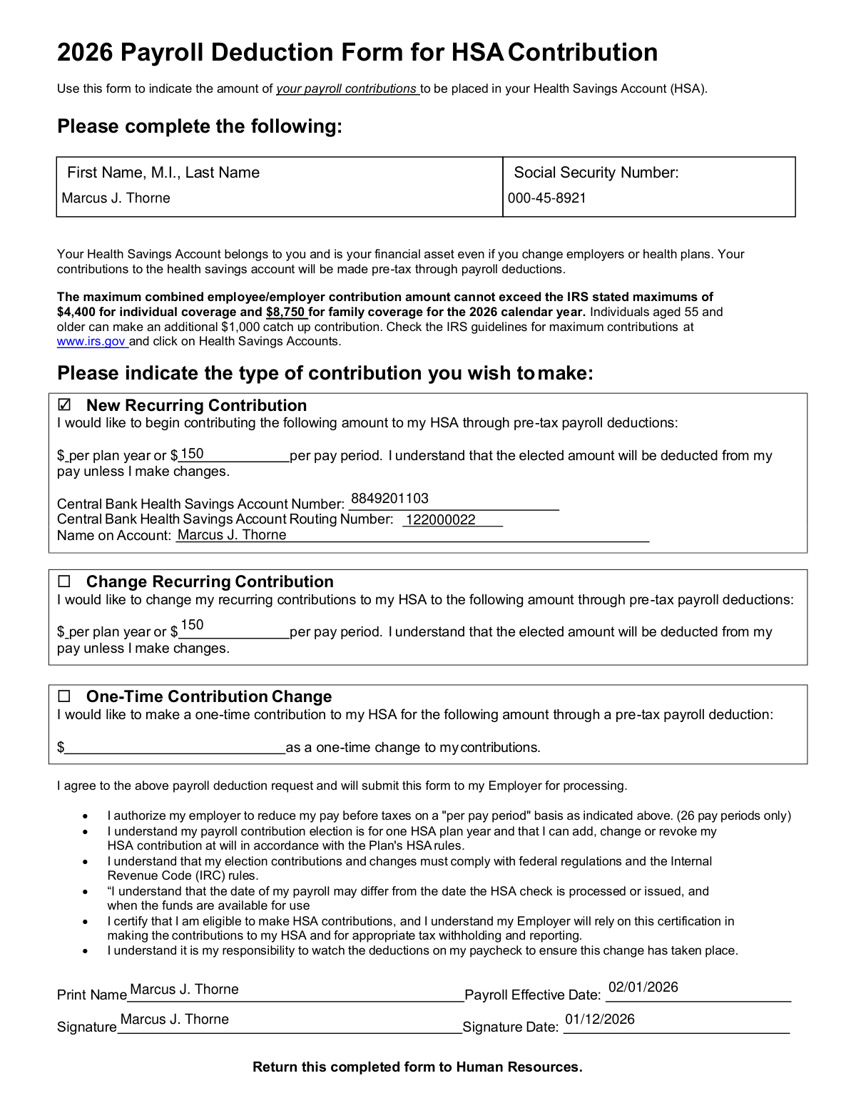 Completed 2026 Payroll Deduction Form for HSA Contribution for Marcus J. Thorne