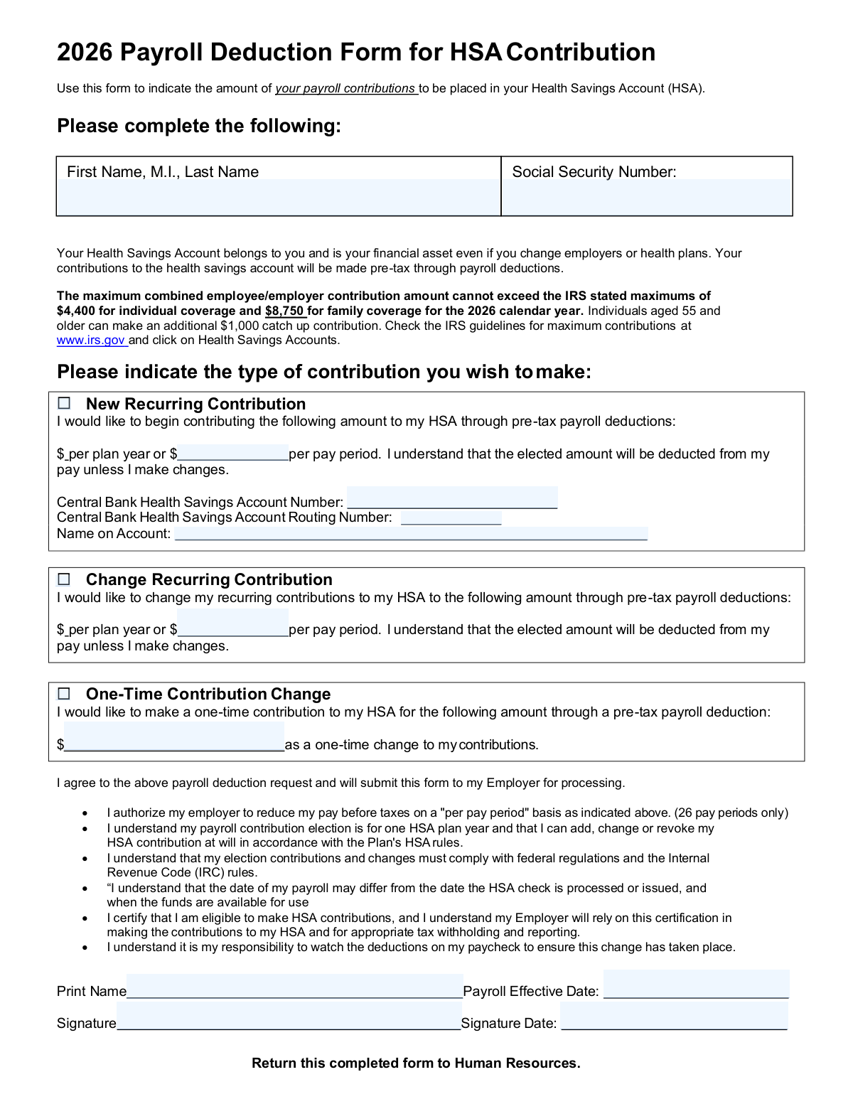 Preview of 2026 Payroll Deduction Form for HSA Contribution