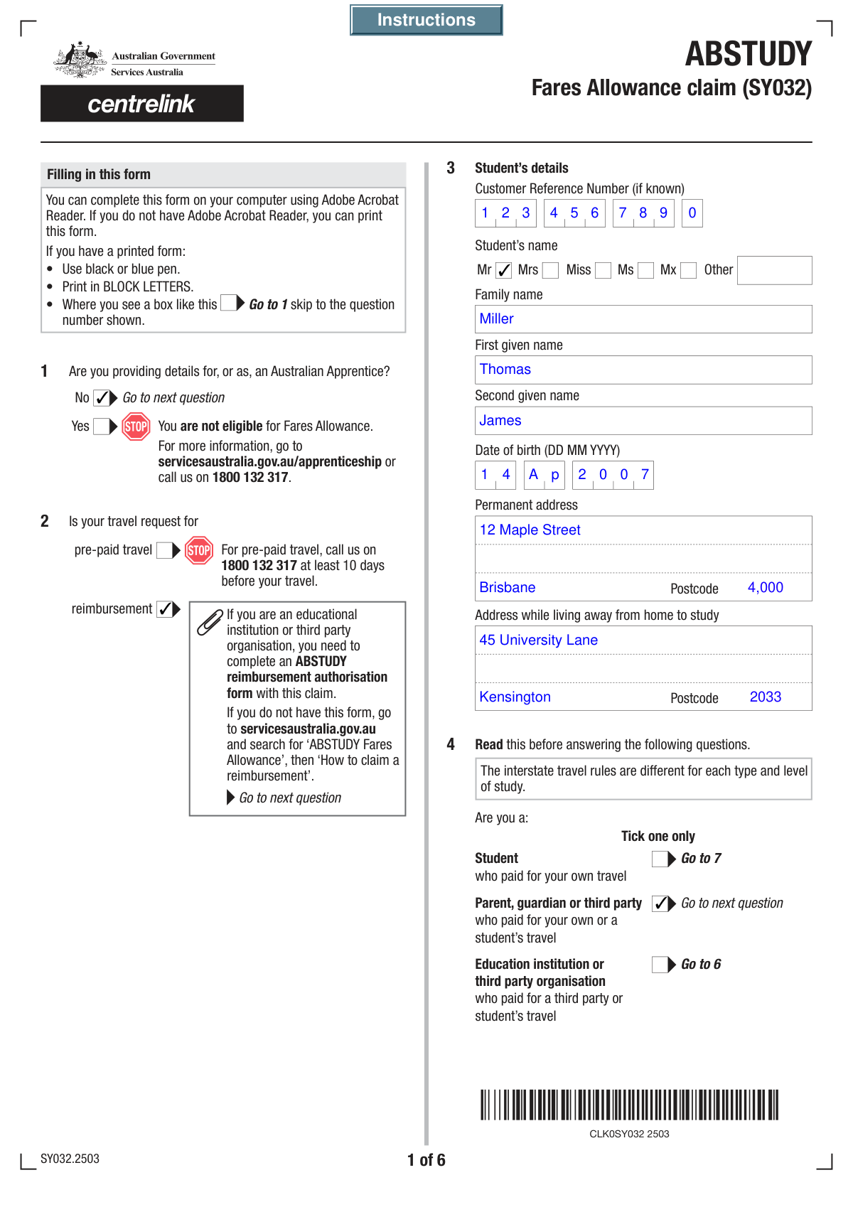 Completed ABSTUDY Claim for Fares Allowance form