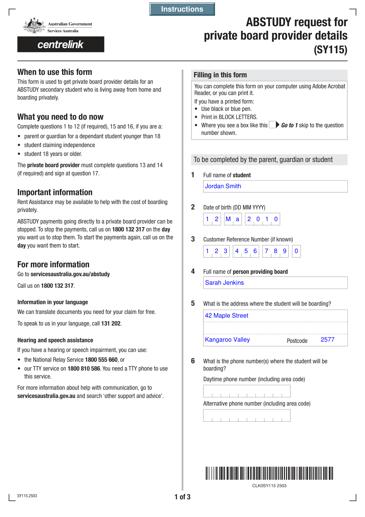 Completed ABSTUDY Private Boarding Details and Payment Direction form showing student and provider details.
