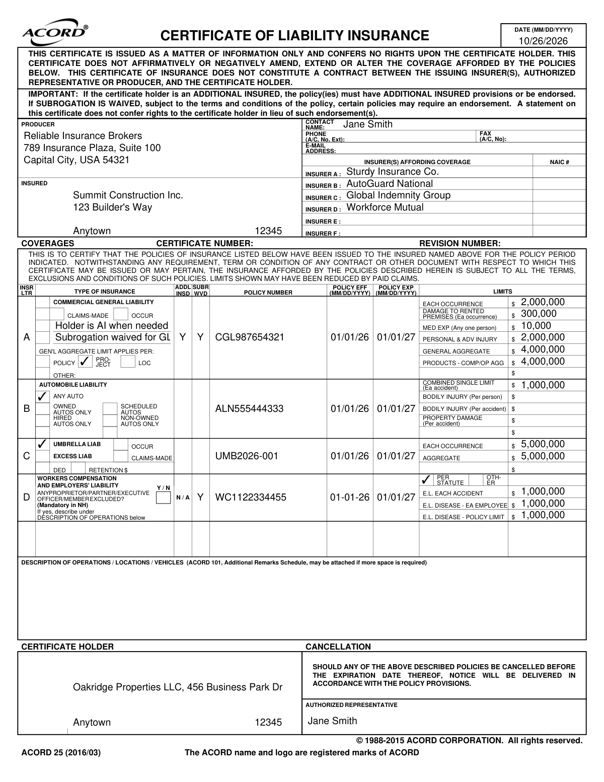 Completed ACORD 25 (2016/03) Certificate of Liability Insurance for a general contractor working on a commercial project.