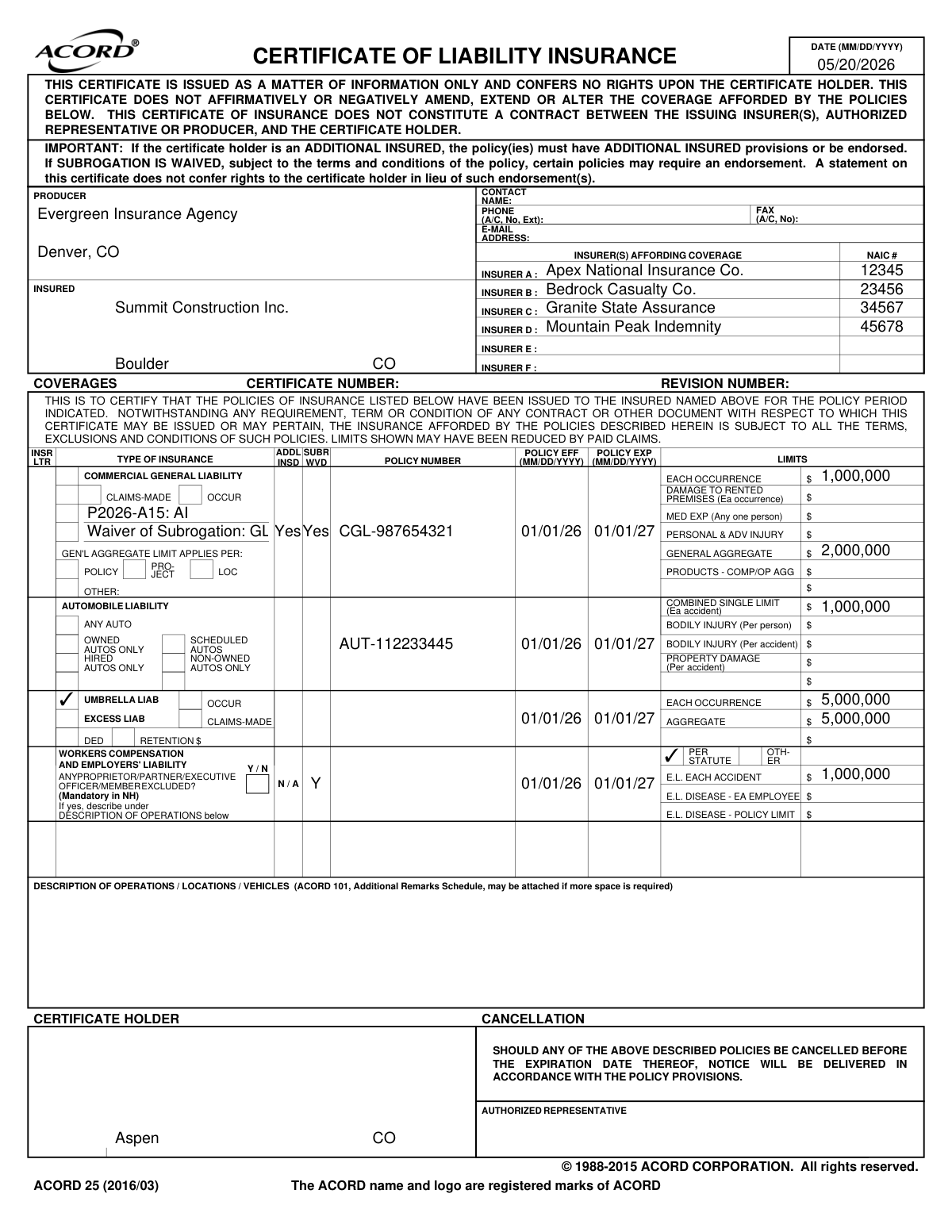 Completed ACORD 25 (2016/03) Certificate of Liability Insurance for a construction contractor