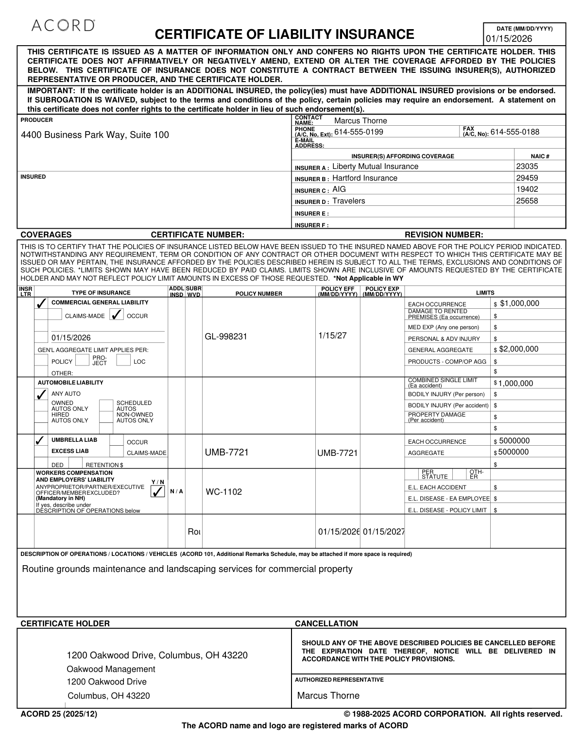 Completed ACORD 25 Certificate of Liability Insurance for GreenScape Solutions