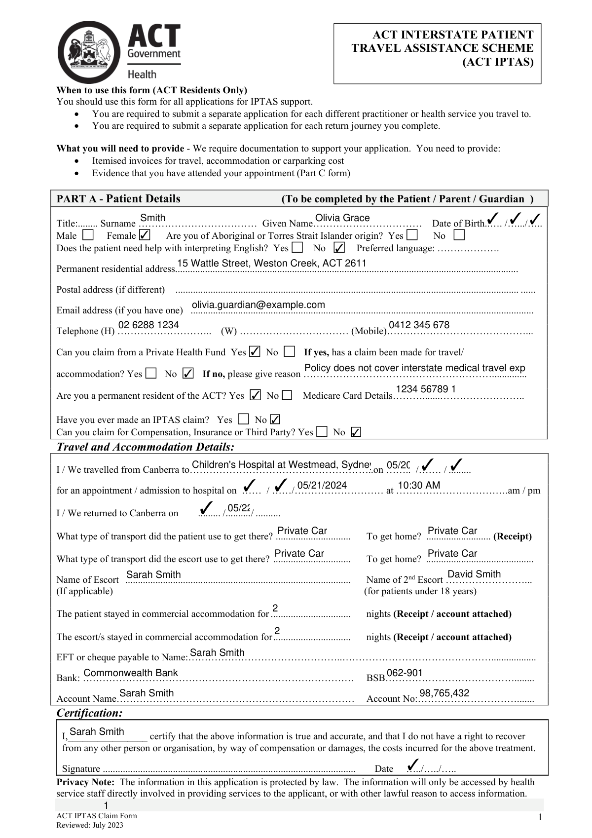Completed ACT Interstate Patient Travel Assistance Scheme (IPTAS) Claim Form for a minor patient travelling interstate with escorts.