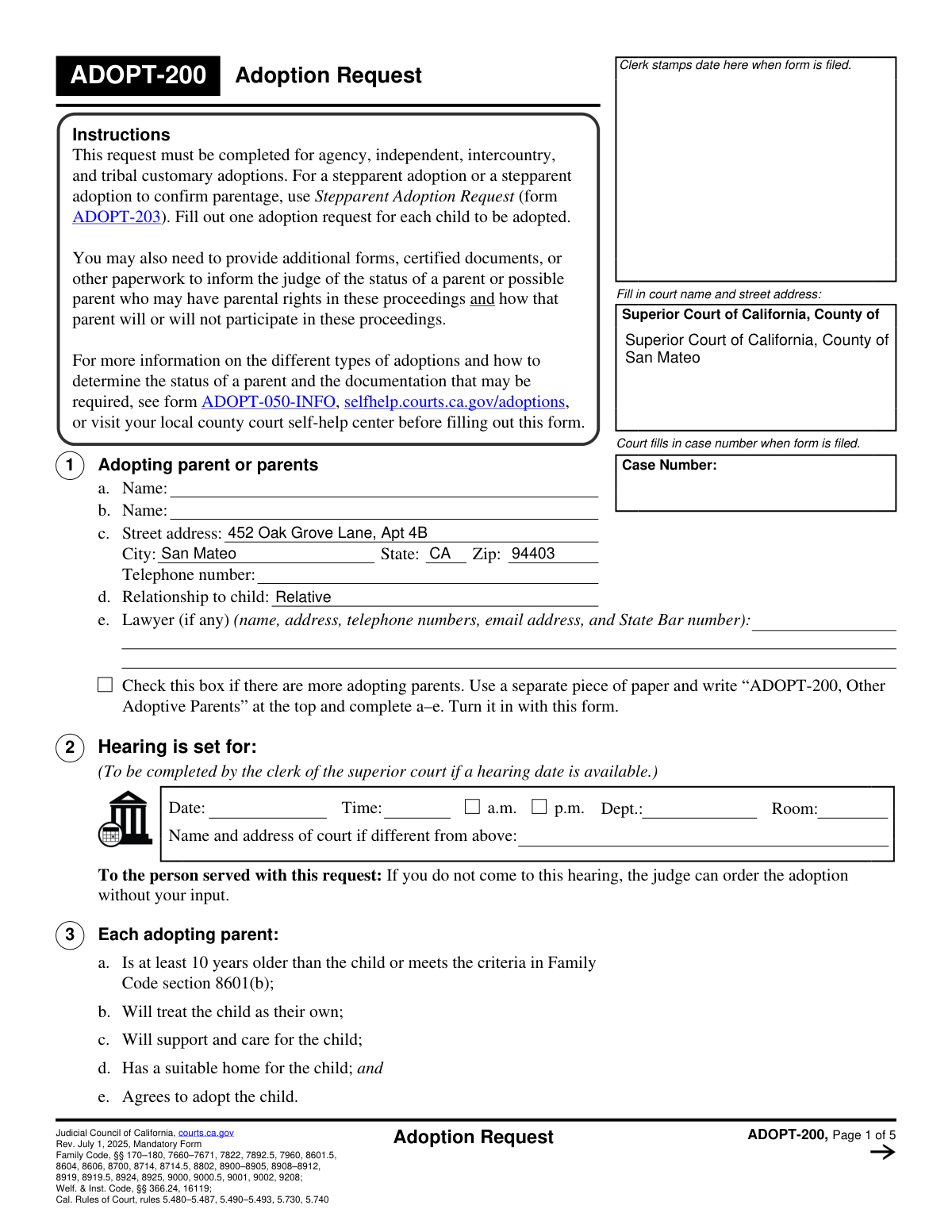 A completed California judicial council form ADOPT-200 showing personal information for adopting parents and child.
