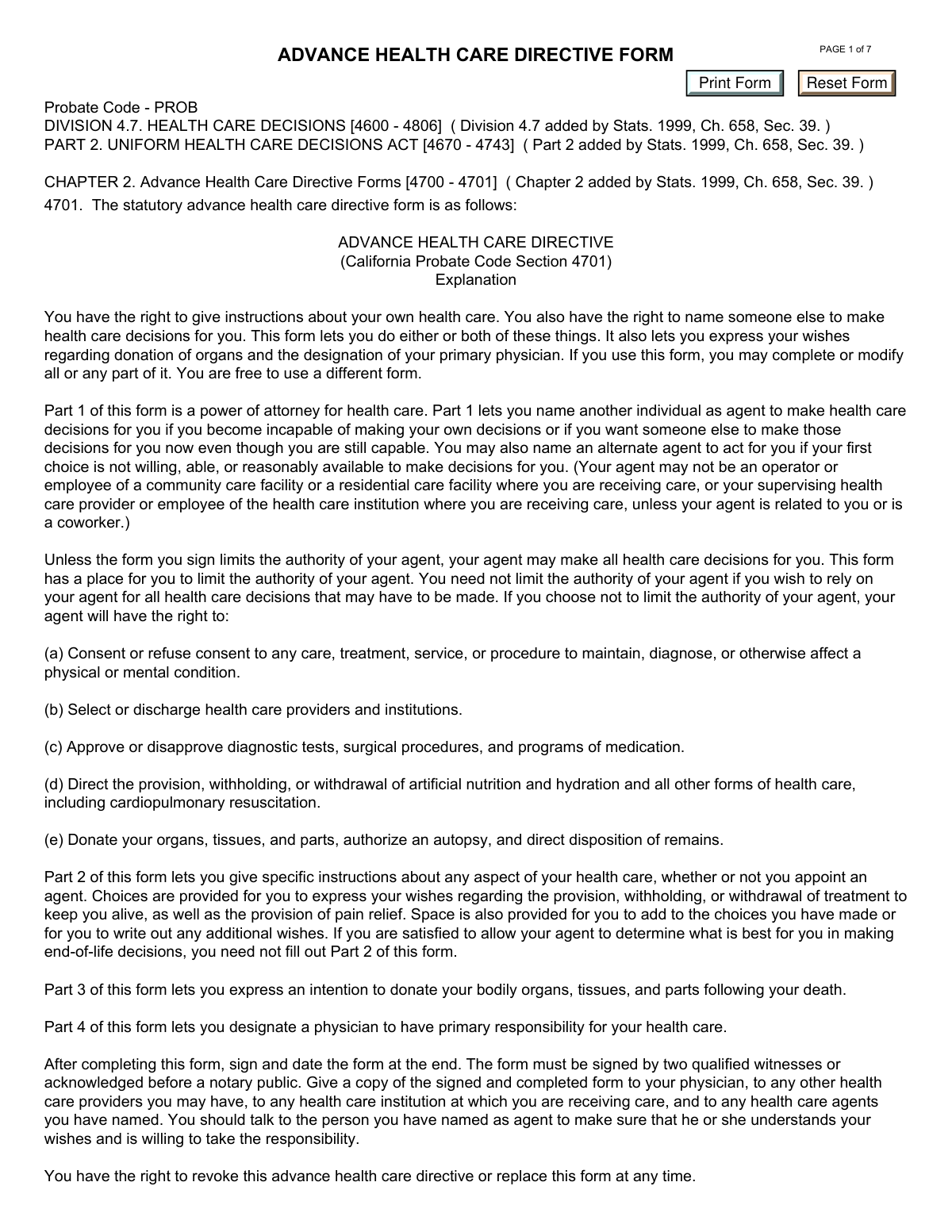 Preview of Advance Health Care Directive (California Probate Code Section 4701)