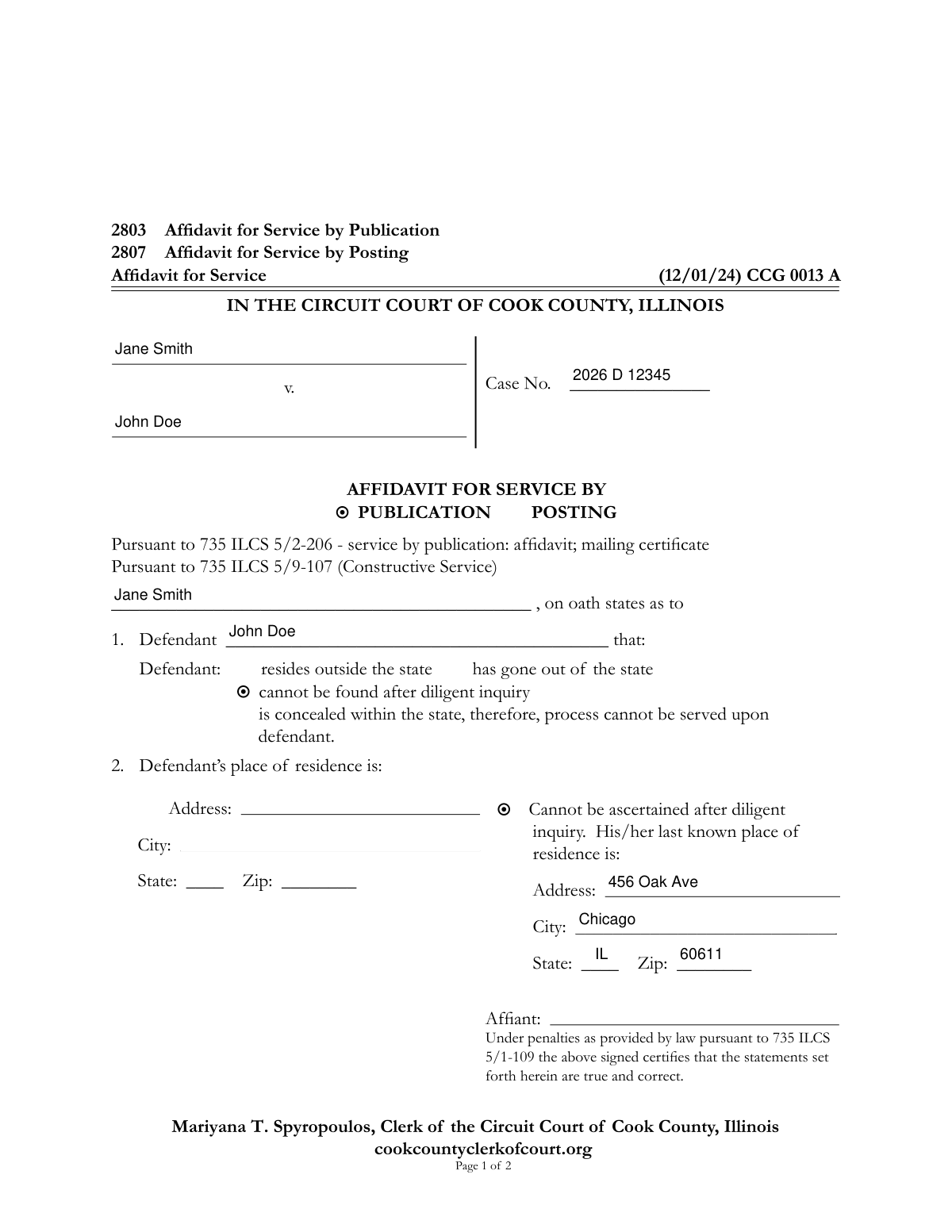Completed Affidavit for Service by Publication/Posting (CCG 0013 A/B) for a Cook County, Illinois divorce proceeding.