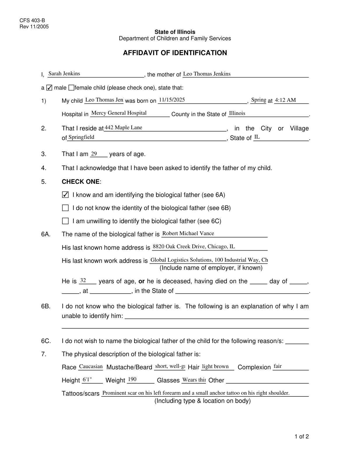 A filled Affidavit of Parentage document showing extracted data points.