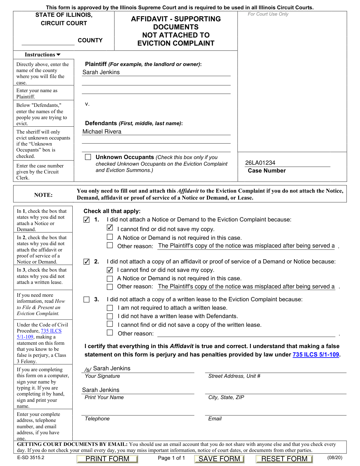 Completed sample of an Affidavit for Supporting Documents Not Attached to an Eviction Complaint