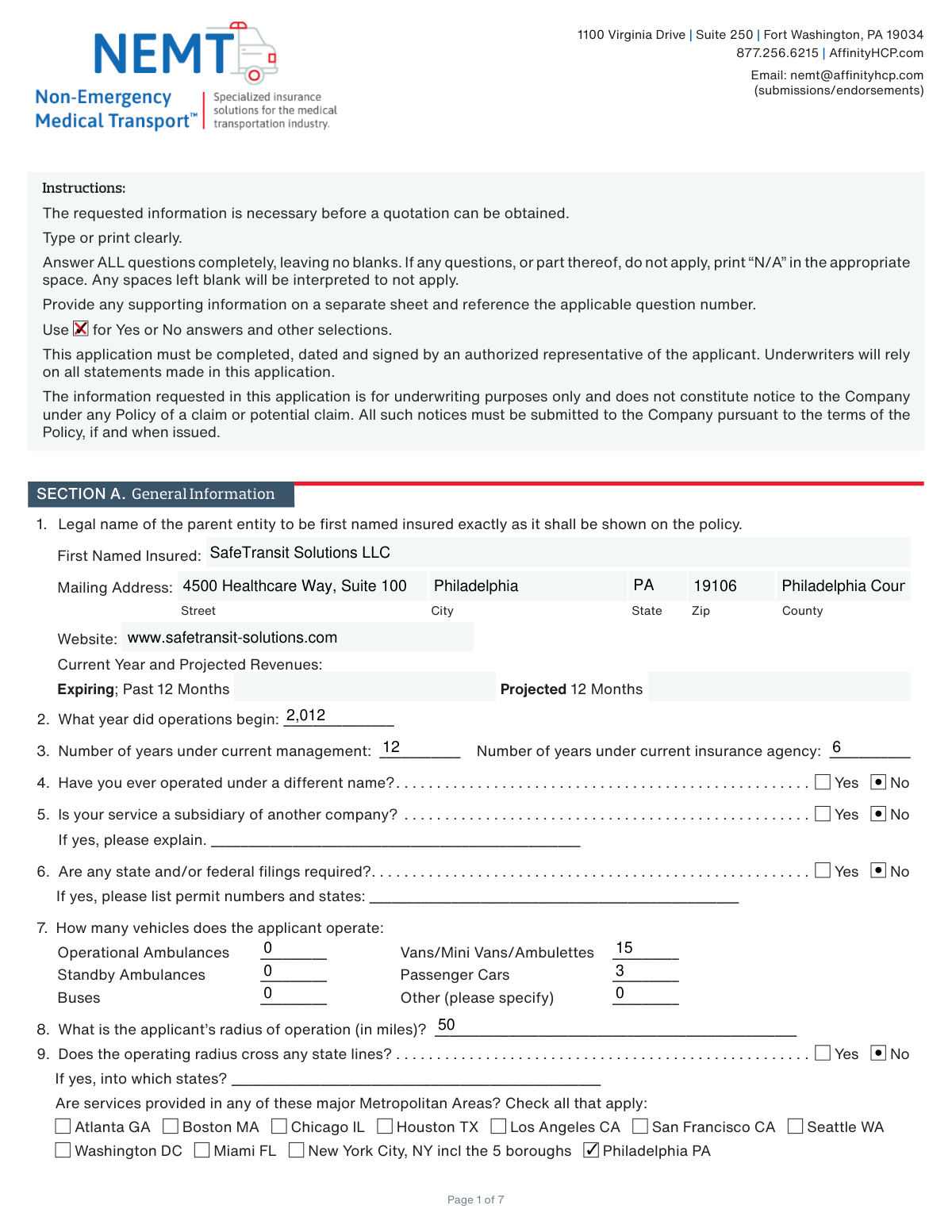 Completed Affinity Healthcare Non-Emergency Medical Transportation Insurance Application form