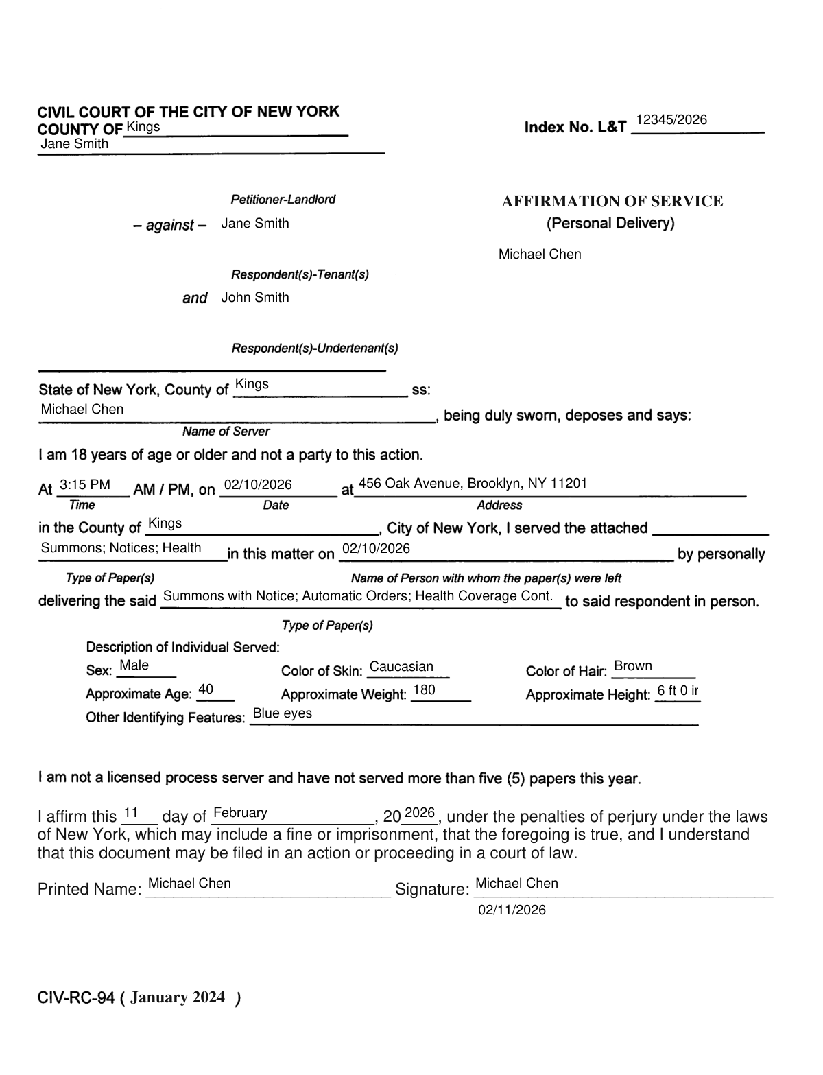 Completed Affirmation of Service (New York) (January 2024) form sample for a divorce case.