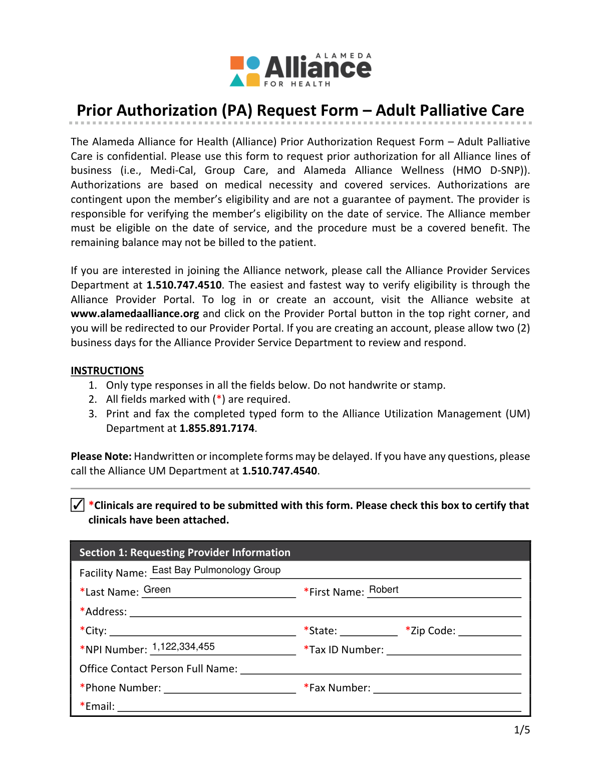 Completed Alameda Alliance for Health Prior Authorization (PA) Request Form for Adult Palliative Care