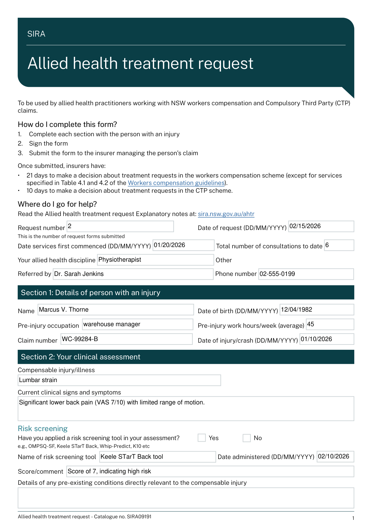 Filled Allied Health Treatment Request Form for a worker's compensation physiotherapy claim