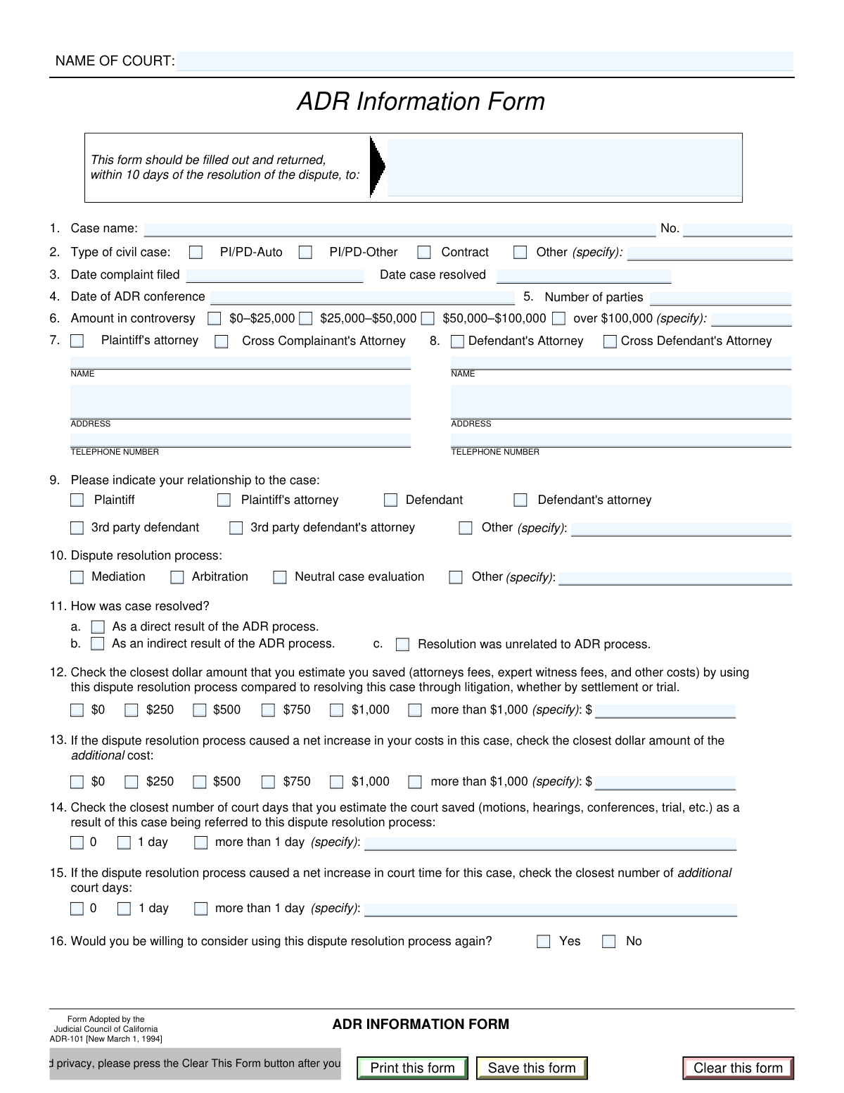 ADR Information Form Instafill PDF Filler
