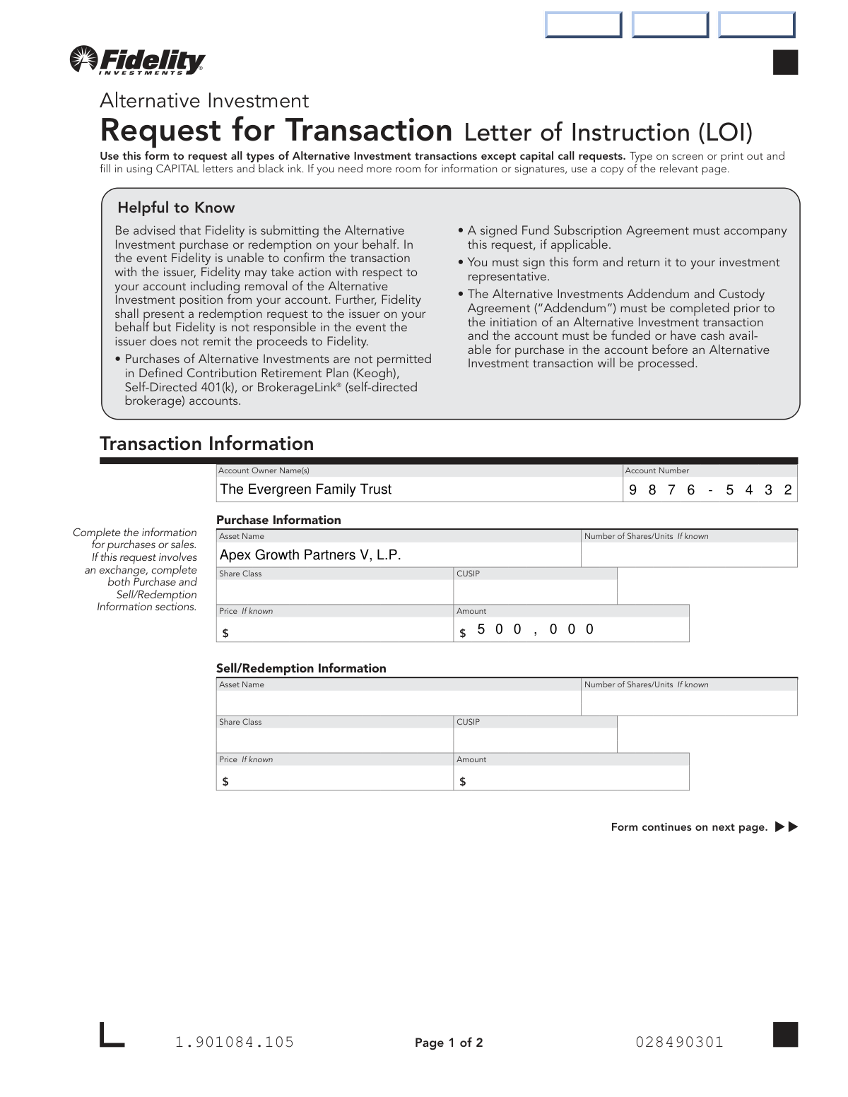 Completed Alternative Investment Request for Transaction Letter of Instruction (LOI) showing a trust's subscription to a private equity fund.