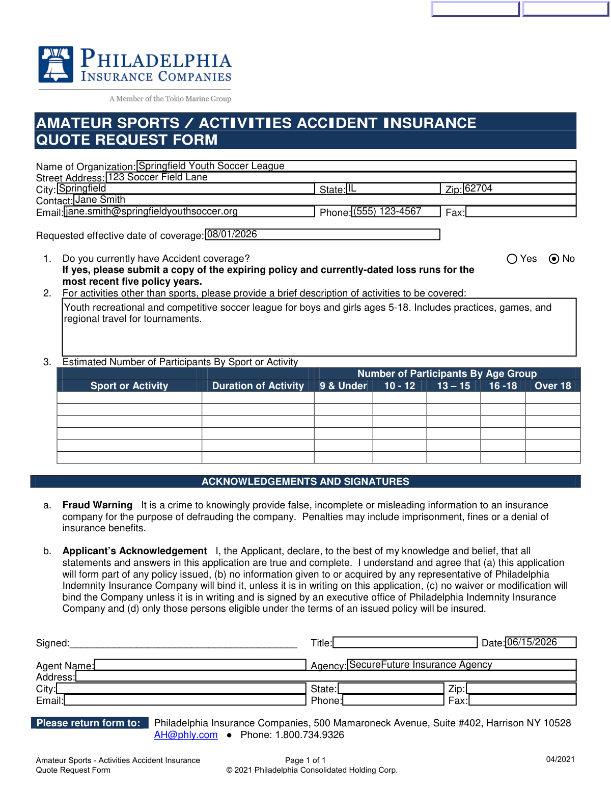 Completed Amateur Sports Accident Insurance Quote Request Form from Philadelphia Insurance Companies for a youth soccer league.
