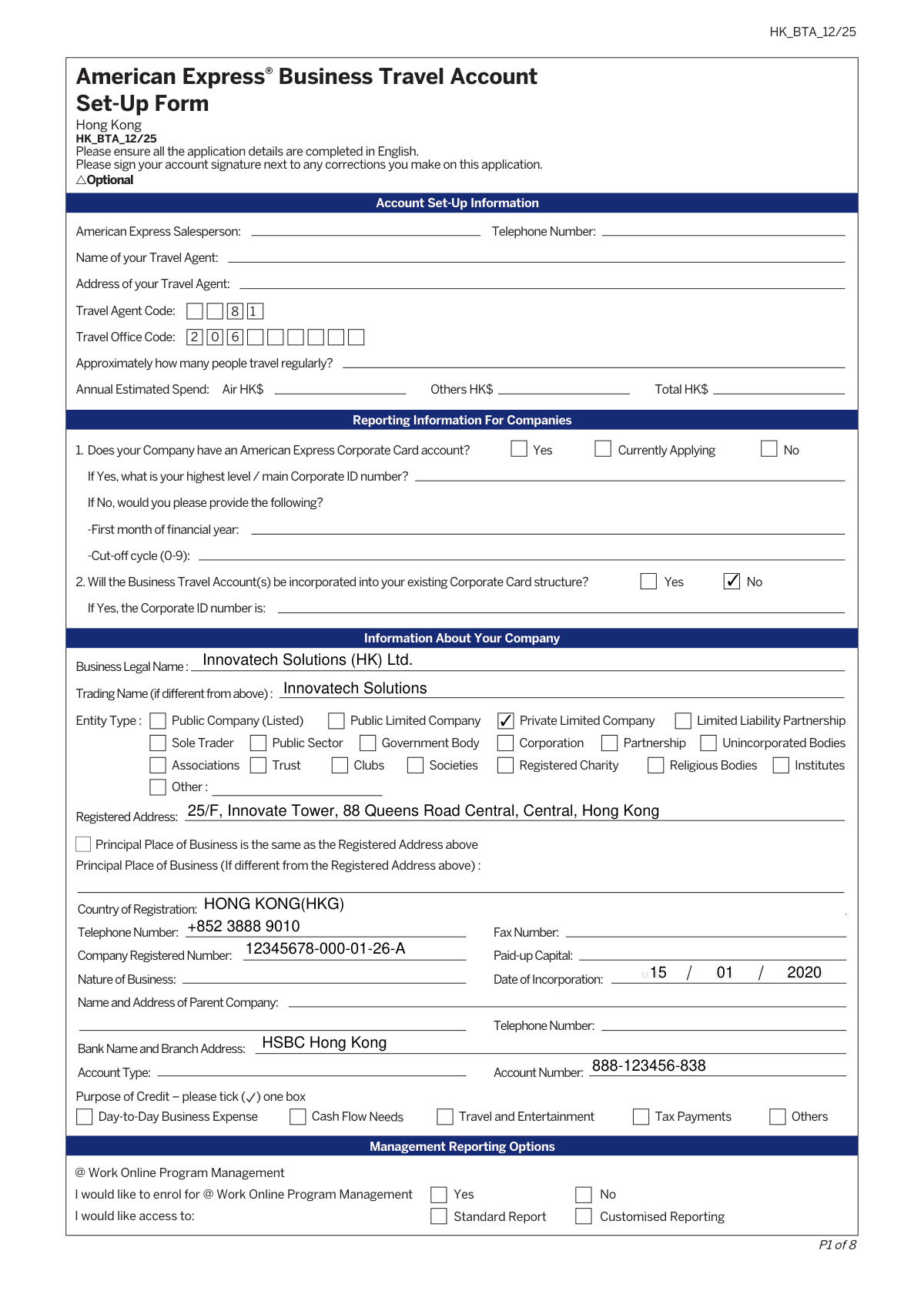 Completed American Express Business Travel Account Set-Up Form for a Hong Kong based company