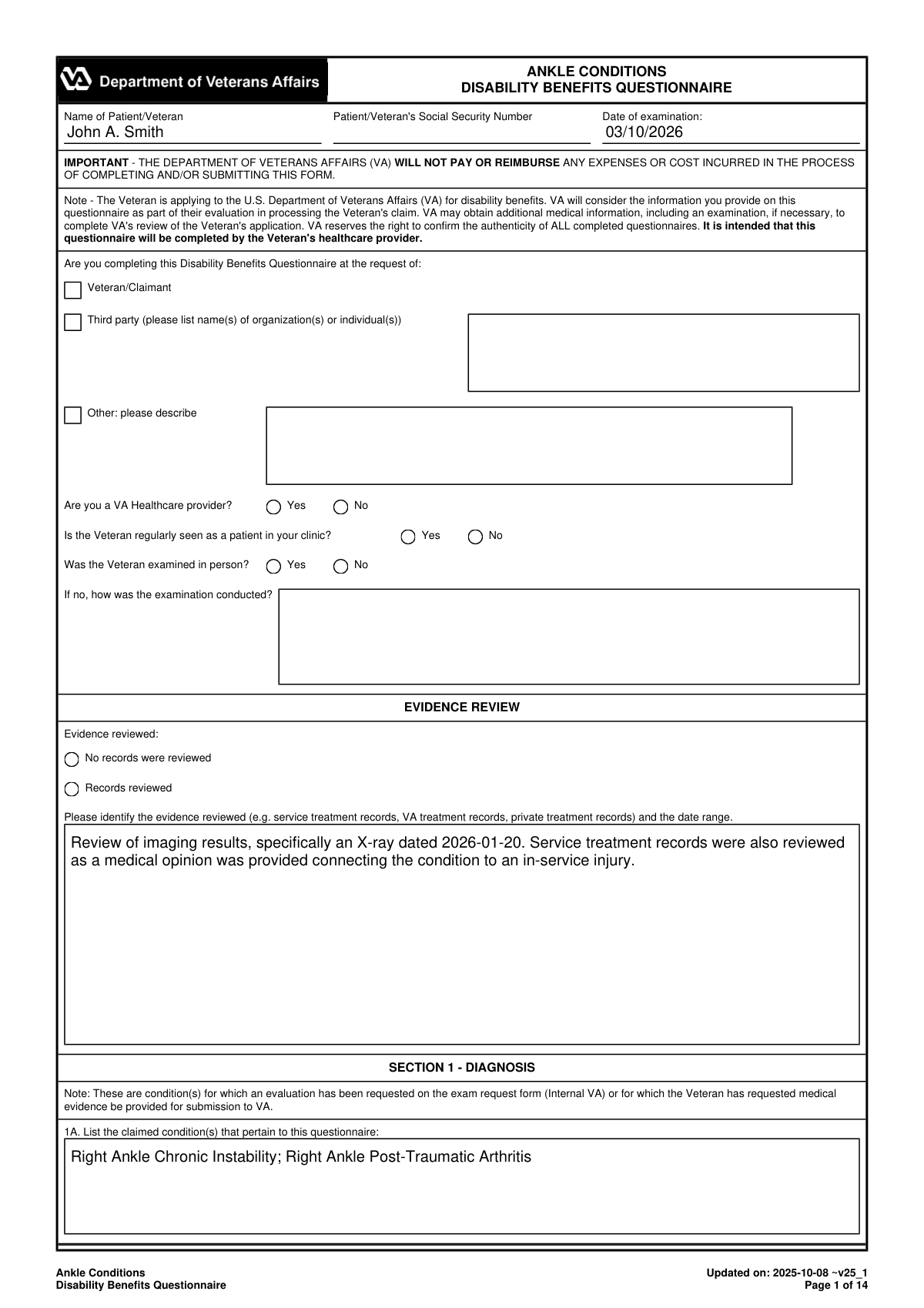 Completed sample of a VA Ankle Conditions Disability Benefits Questionnaire (DBQ) for a veteran with chronic instability and arthritis.