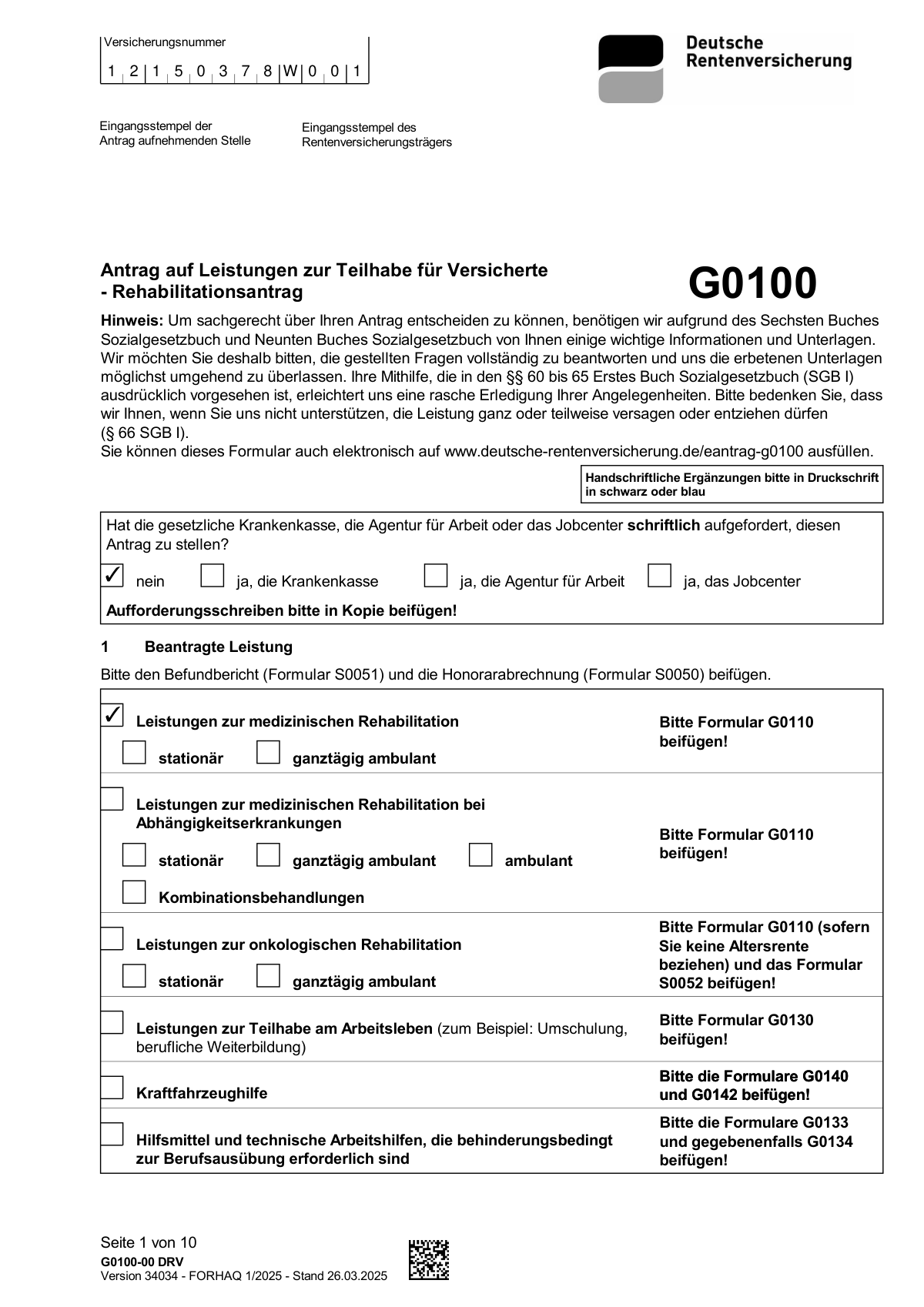 Filled-out German Rehabilitation Antrag G0100 form generated by AI from clinical notes