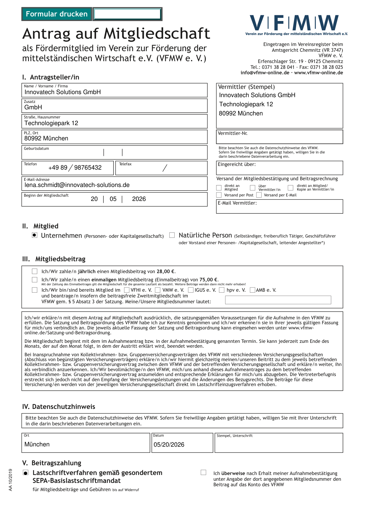Ausgefülltes Beispiel eines Antrags auf Mitgliedschaft als Fördermitglied im Verein zur Förderung der mittelständischen Wirtschaft e.V. (VFMW e. V.)