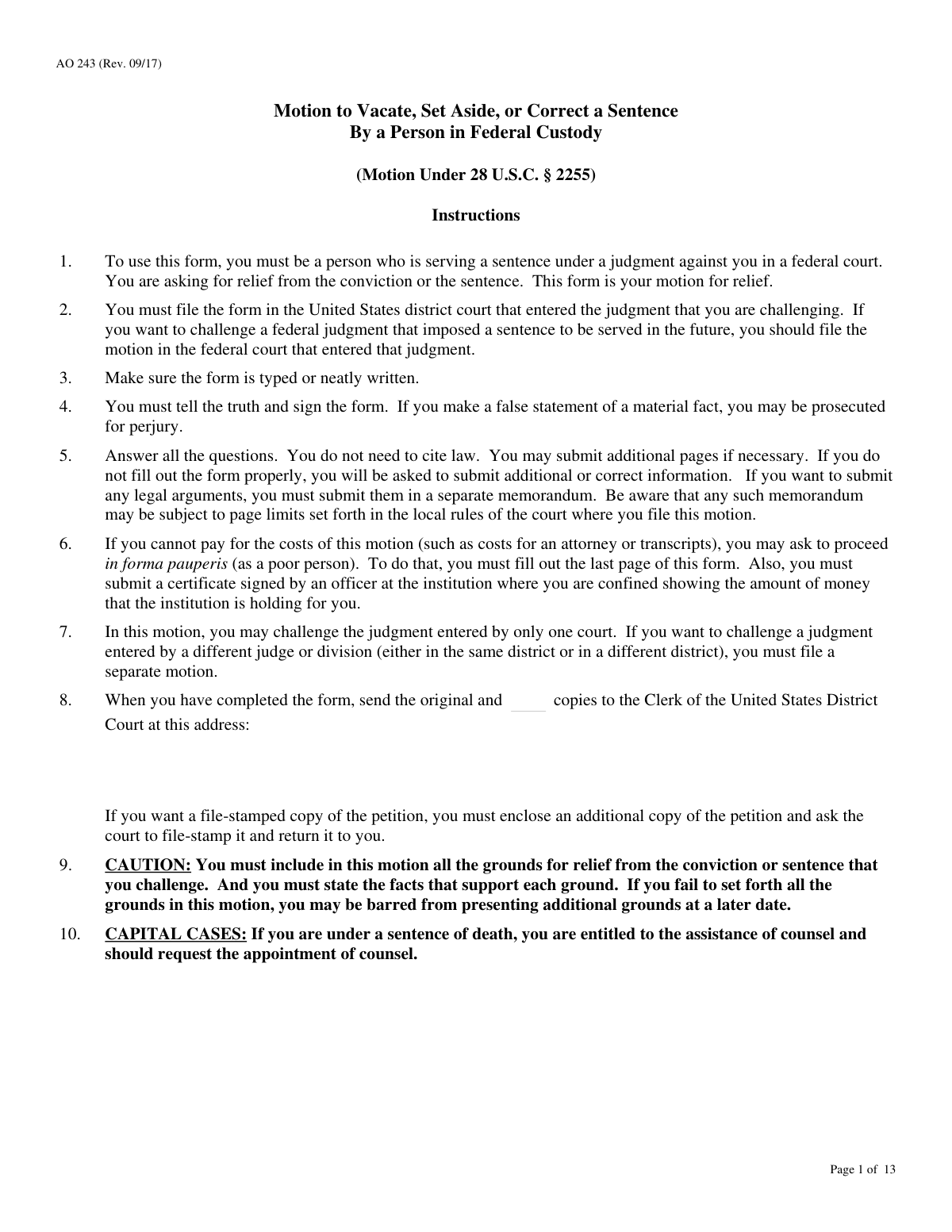 Completed AO 243 form example for a motion to vacate a sentence based on ineffective assistance of counsel.