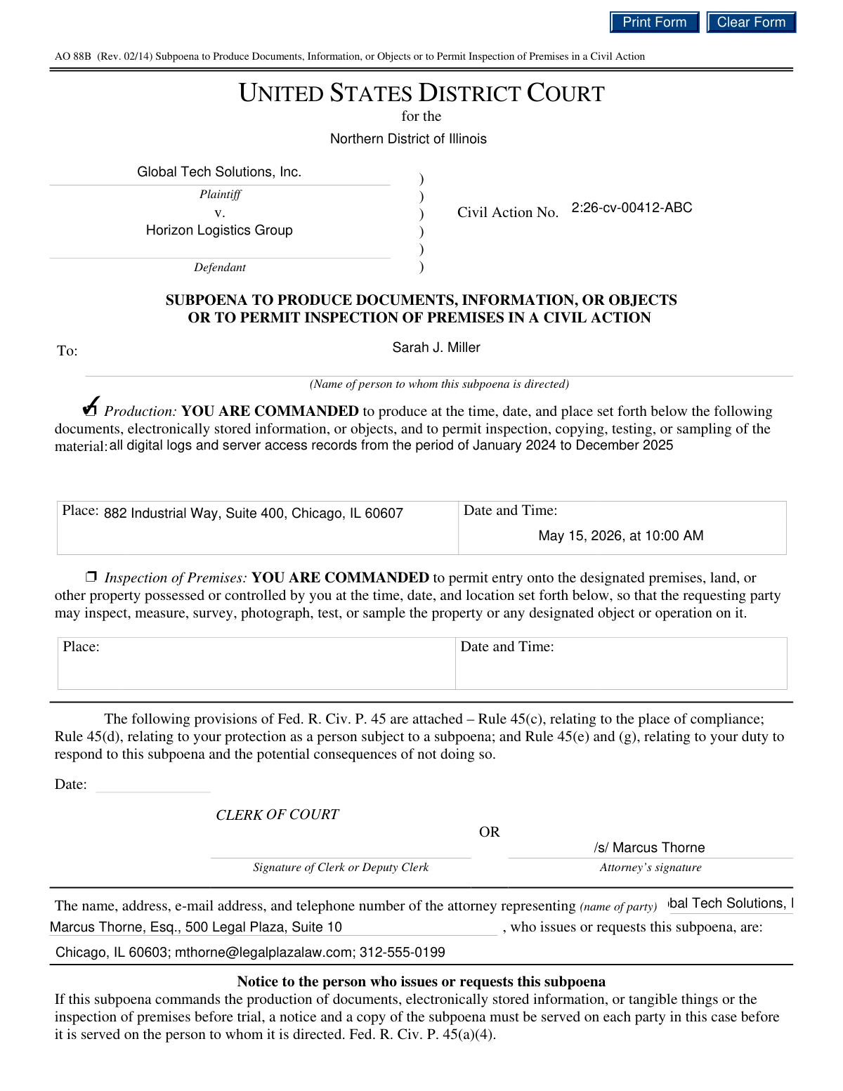 Completed AO 88B Subpoena to Produce Documents form for civil action