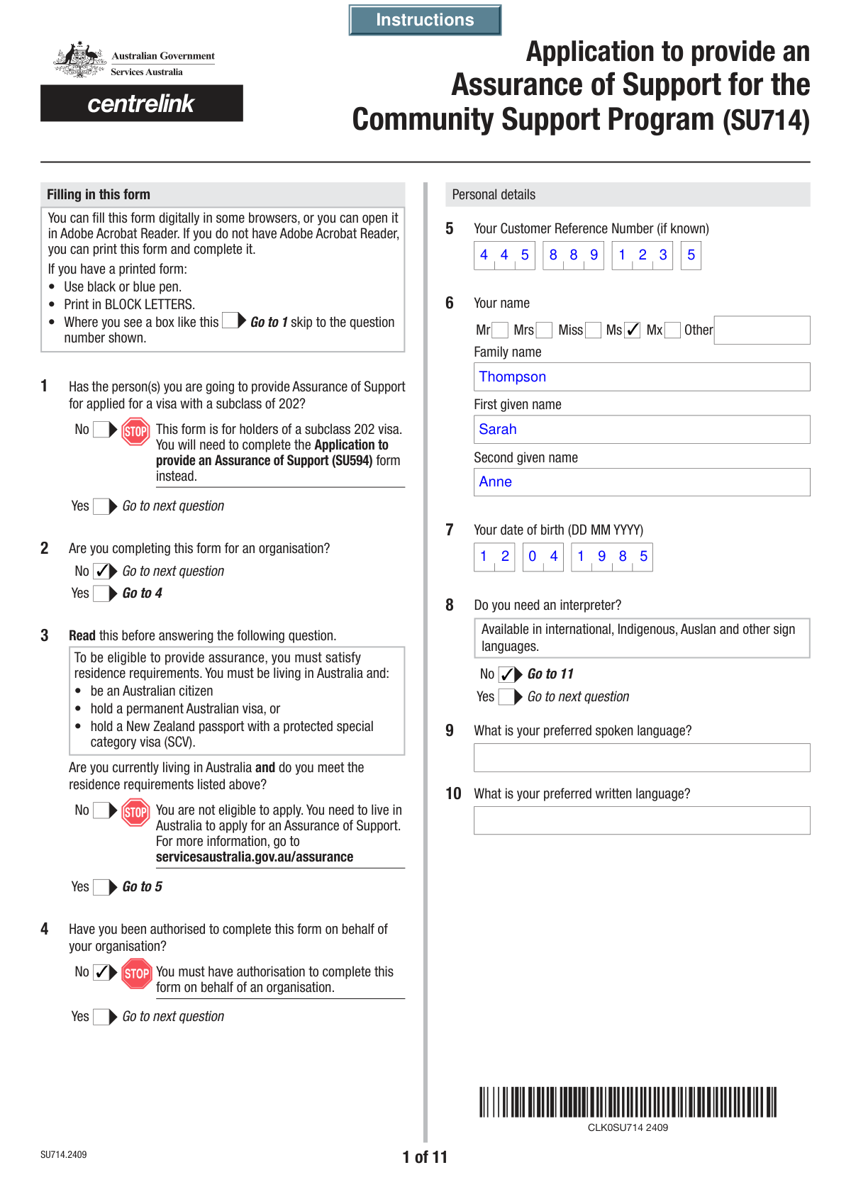Completed Application for an Assurance of Support form based on family sponsorship email