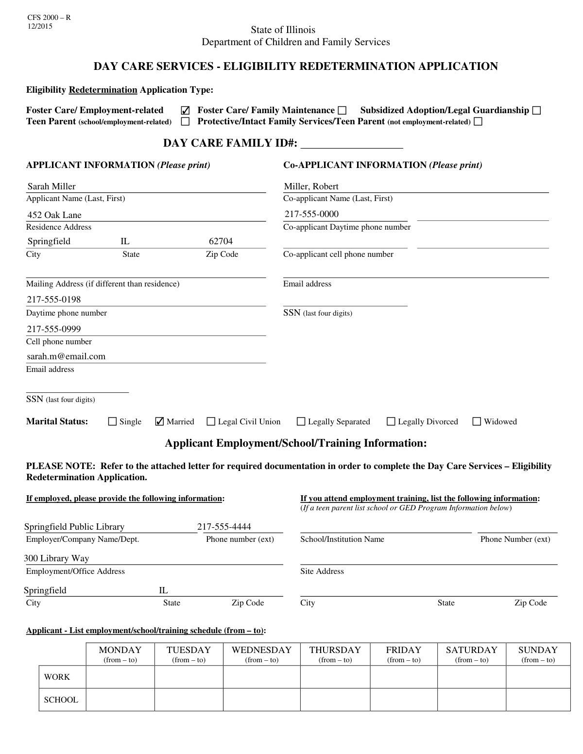 Completed Application for Day Care Services form for the Miller family