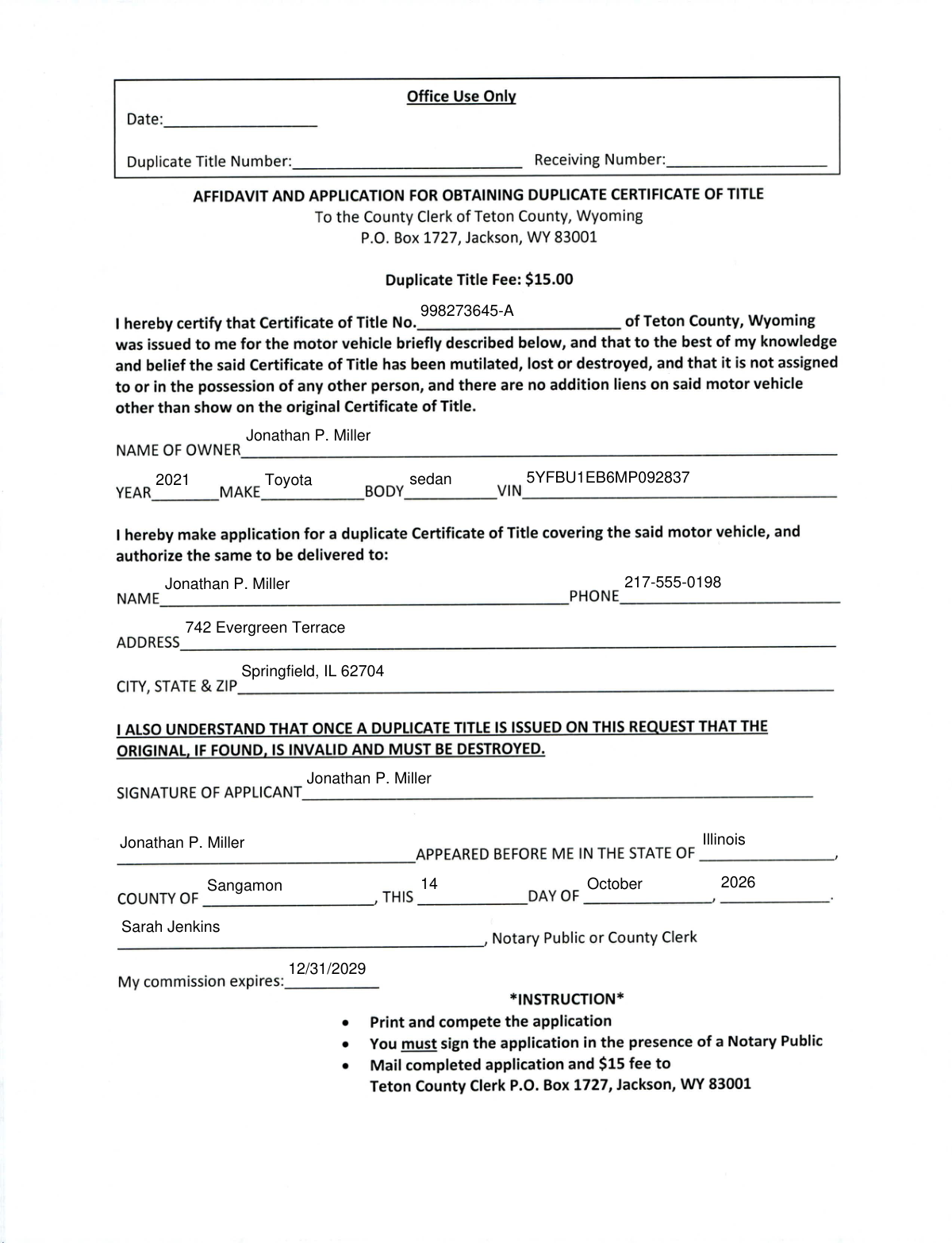 Completed Application for Duplicate Certificate of Title form showcasing automated data extraction from an email.