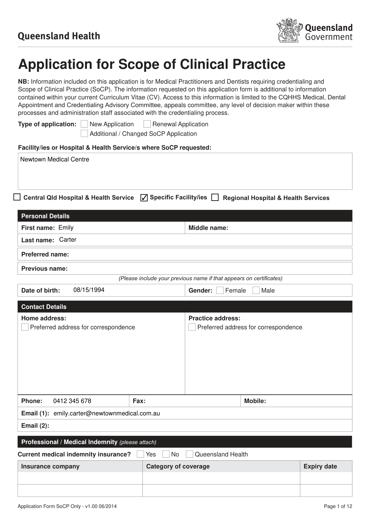 Completed Application for Scope of Clinical Practice (SoCP) form for a General Practitioner adding minor surgical procedures.