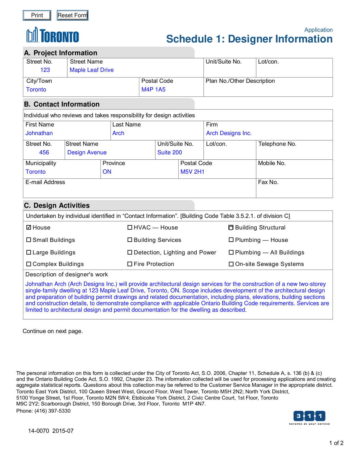 A sample of a completed Application Schedule 1: Designer Information form for the City of Toronto building permit process.