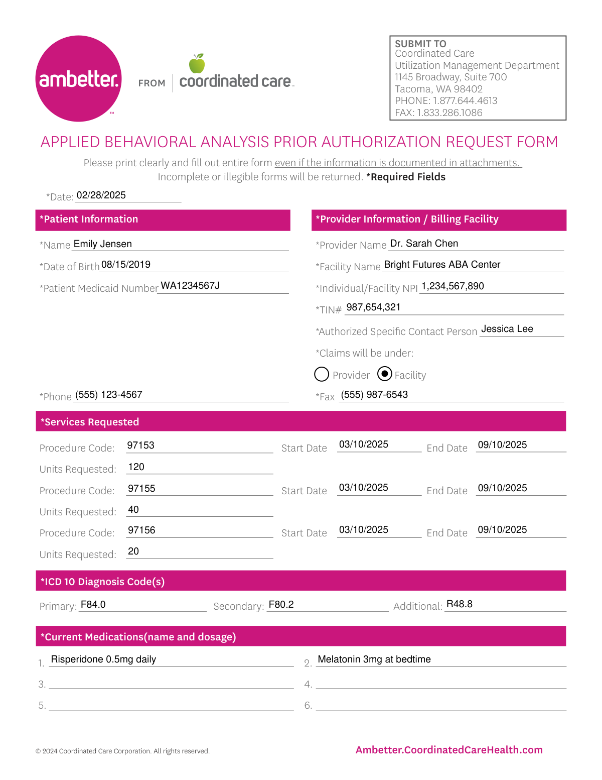 Filled Applied Behavioral Analysis Prior Authorization Request Form for Coordinated Care