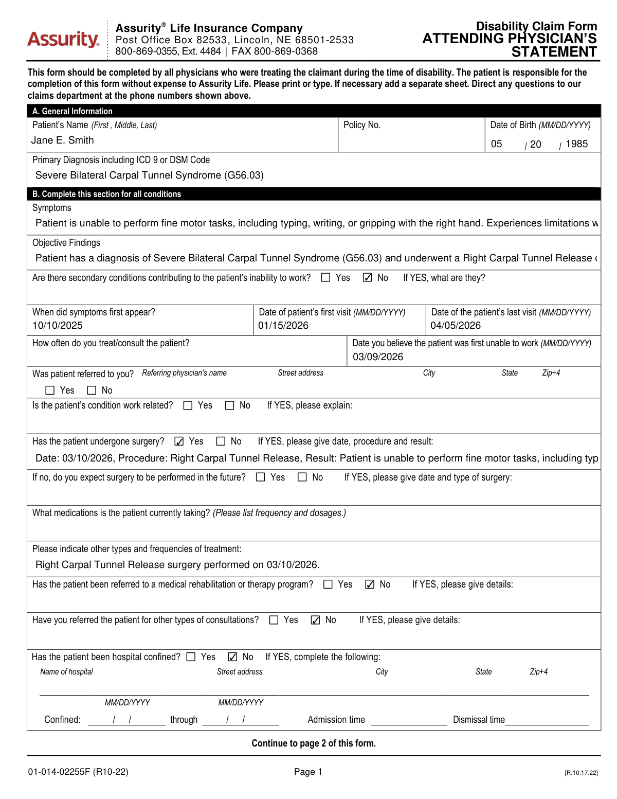 A filled-out Assurity Life Insurance Company Disability Claim Form - Attending Physician’s Statement for a patient with carpal tunnel syndrome.
