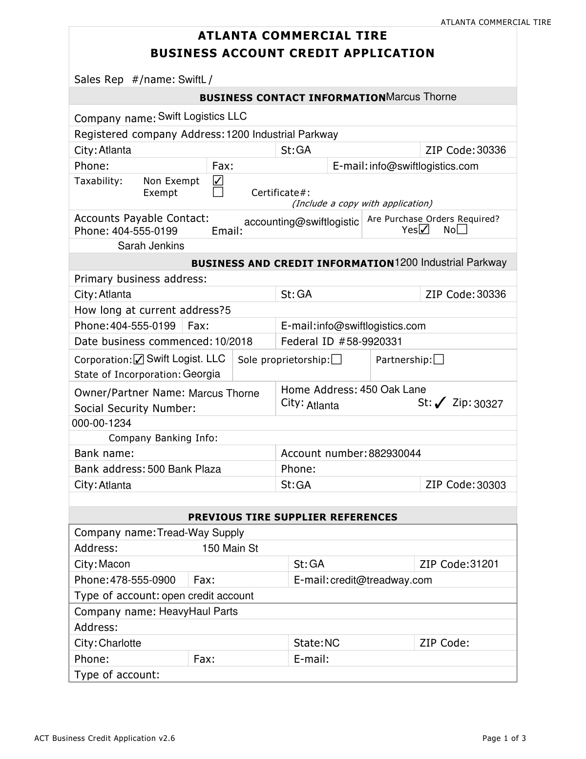 A completed Atlanta Commercial Tire Business Account Credit Application v2.6 for Swift Logistics LLC