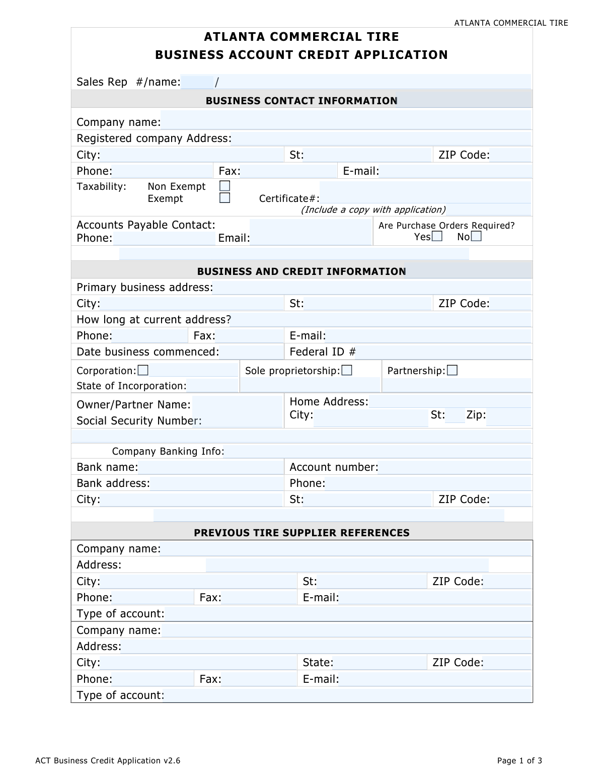 Preview of Atlanta Commercial Tire Business Account Credit Application v2.6