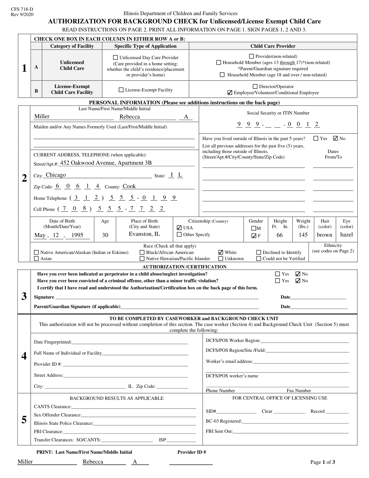 Filled Authorization for Background Check for Child Care form example