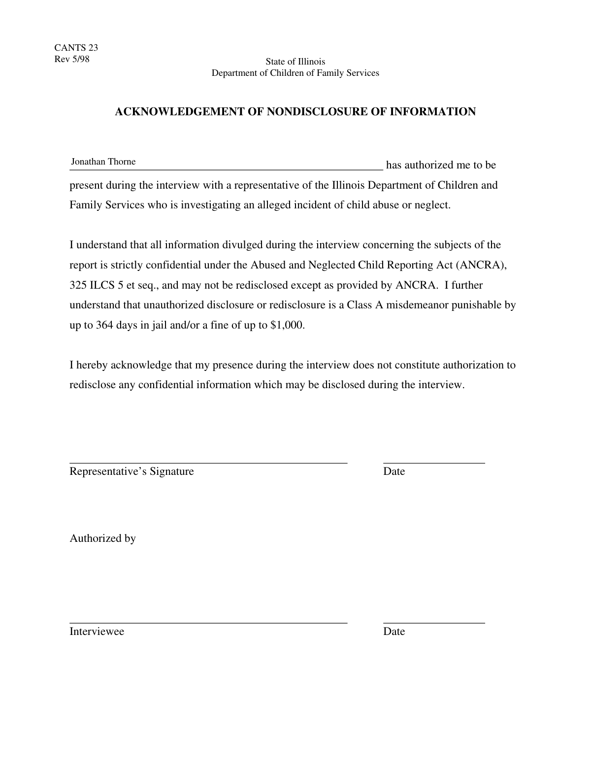 Completed Authorization for Presence of an Individual at an Interview form