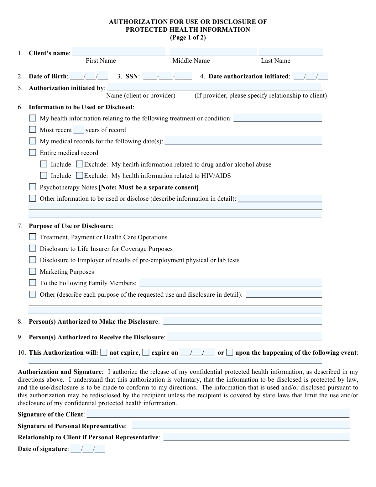 Preview of Authorization for Use or Disclosure of Protected Health Information