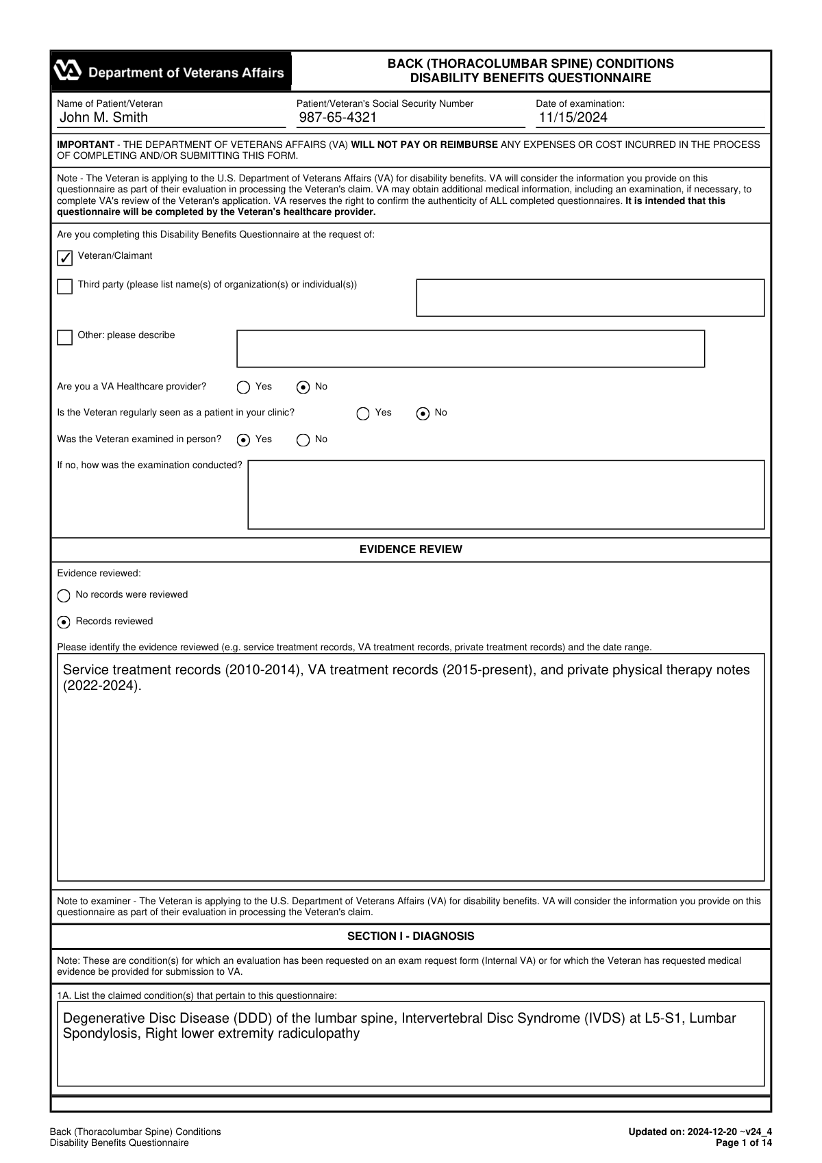 Completed Back (Thoracolumbar Spine) Conditions Disability Benefits Questionnaire example