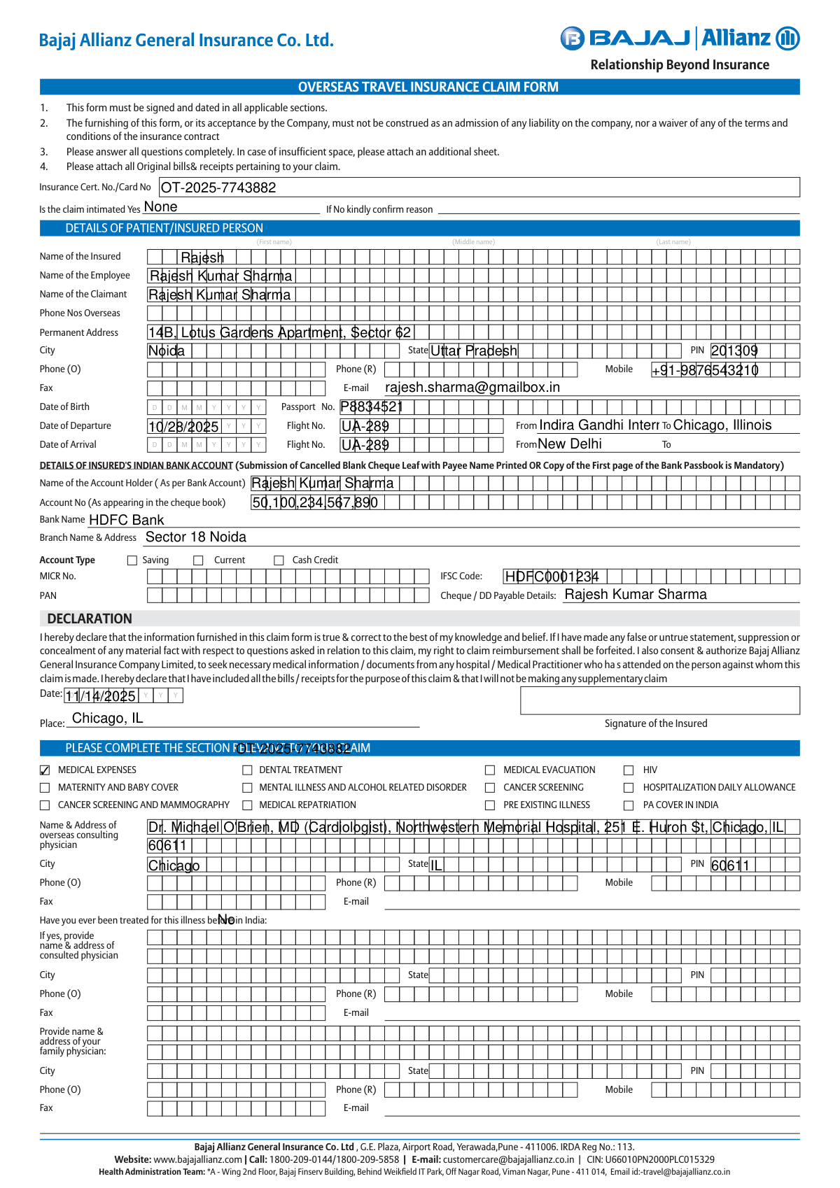 Completed Bajaj Allianz Overseas Travel Insurance Claim Form for a medical emergency hospitalization in the USA