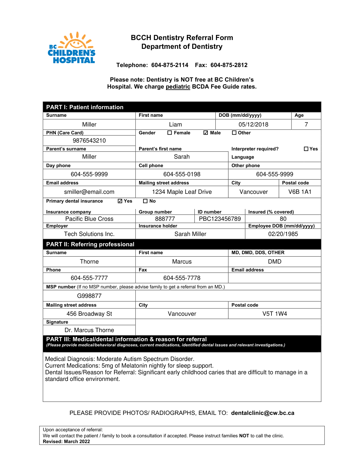 Completed BCCH Dentistry Referral Form for pediatric patient